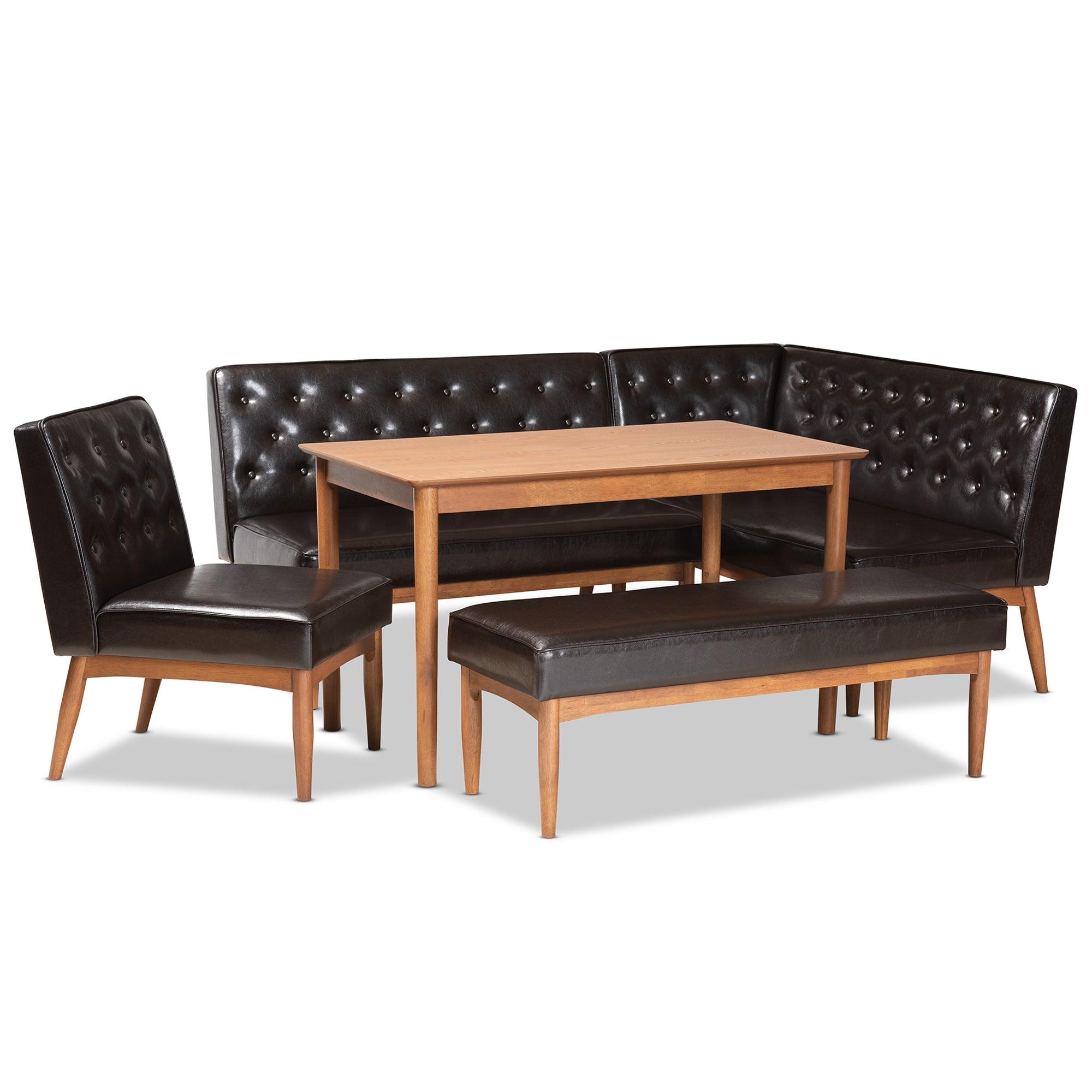 Riordan Mid-Century Modern Faux Leather Upholstered and Finished Wood 5-Piece Dining Nook Set