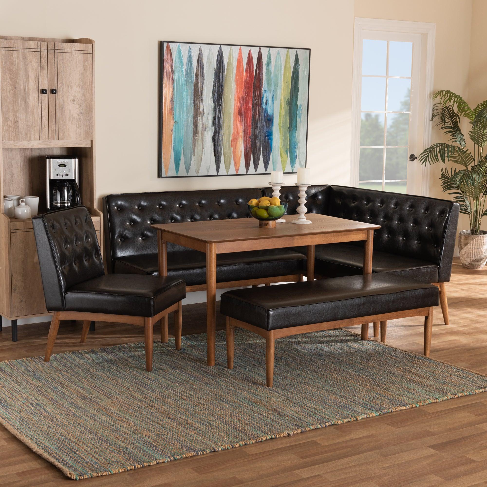 Riordan Mid-Century Modern Faux Leather Upholstered and Finished Wood 5-Piece Dining Nook Set