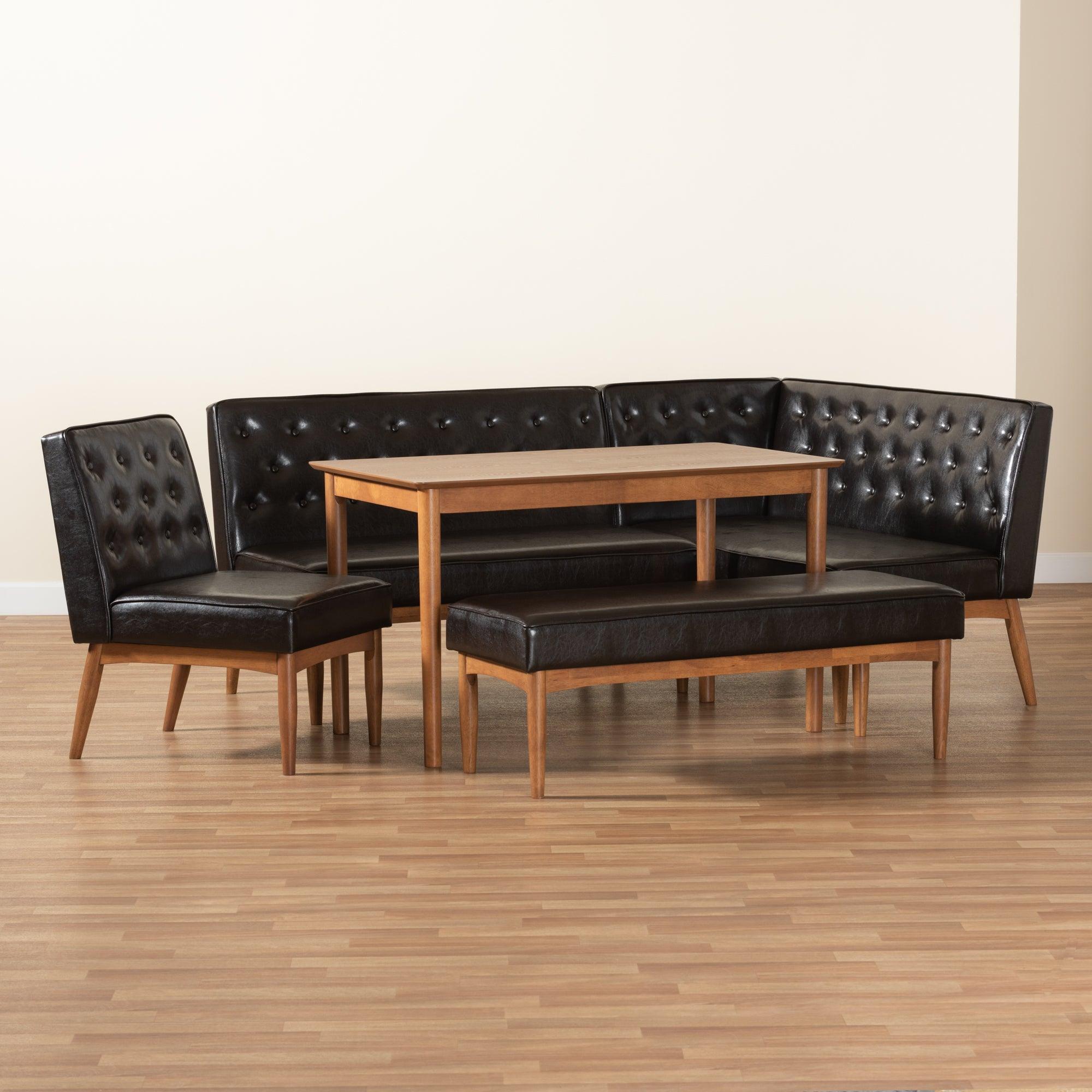 Riordan Mid-Century Modern Faux Leather Upholstered and Finished Wood 5-Piece Dining Nook Set