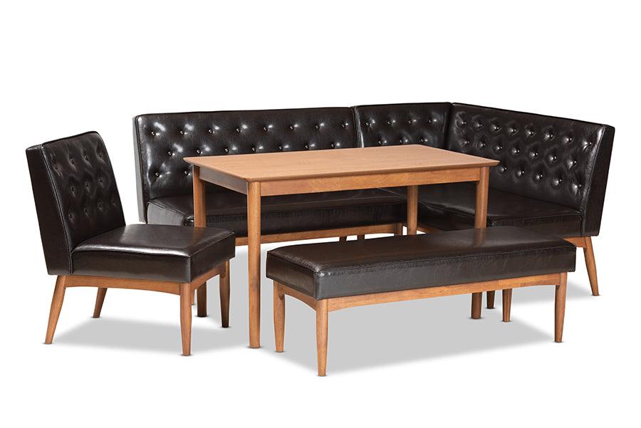 Riordan Mid-Century Modern Faux Leather Upholstered and Finished Wood 5-Piece Dining Nook Set