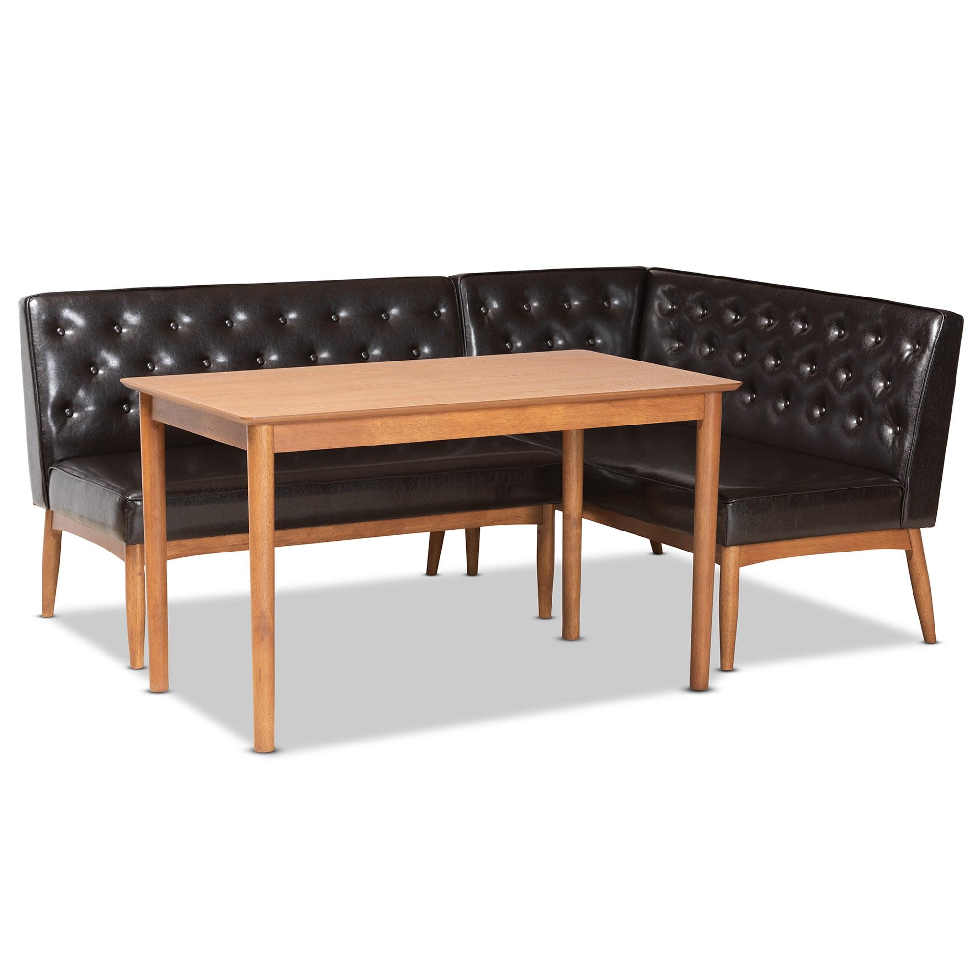 Riordan Mid-Century Modern Faux Leather Upholstered and Finished Wood 3-Piece Dining Nook Set