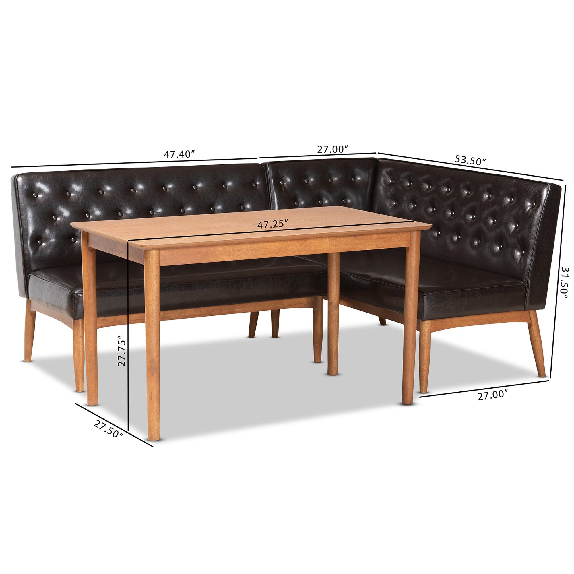 Riordan Mid-Century Modern Faux Leather Upholstered and Finished Wood 3-Piece Dining Nook Set