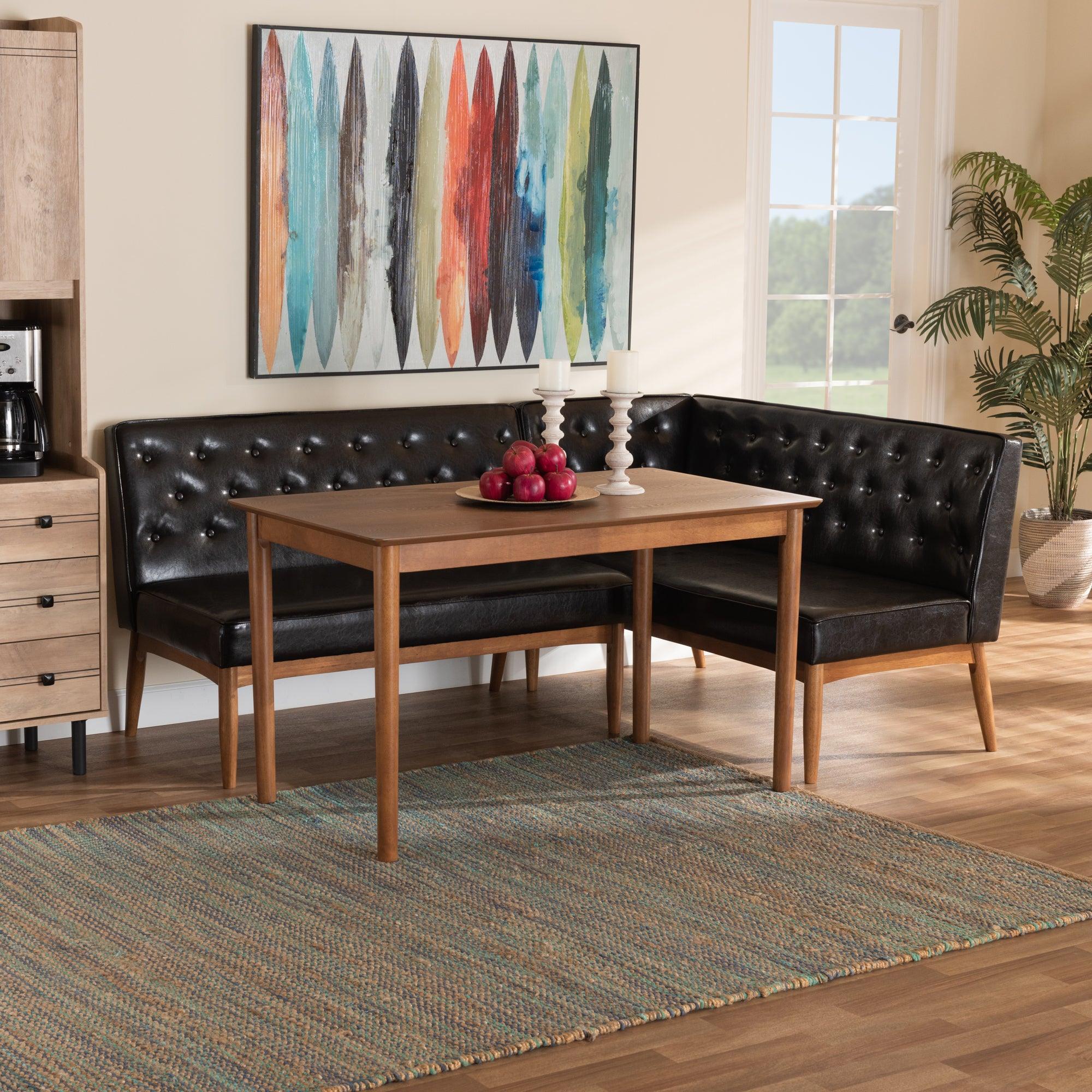 Riordan Mid-Century Modern Faux Leather Upholstered and Finished Wood 3-Piece Dining Nook Set