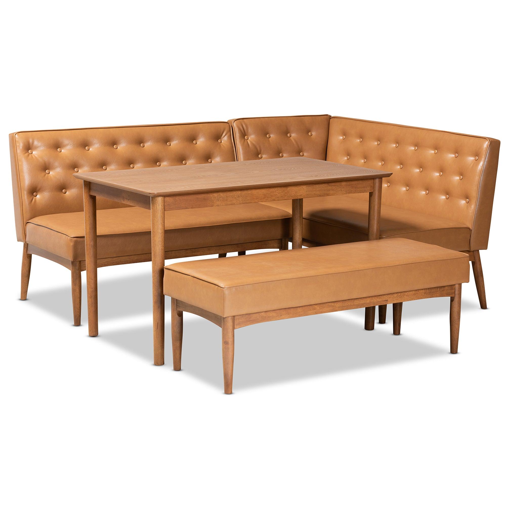 Riordan Mid-Century Modern Faux Leather Upholstered and Finished Wood 4-Piece Dining Nook Set