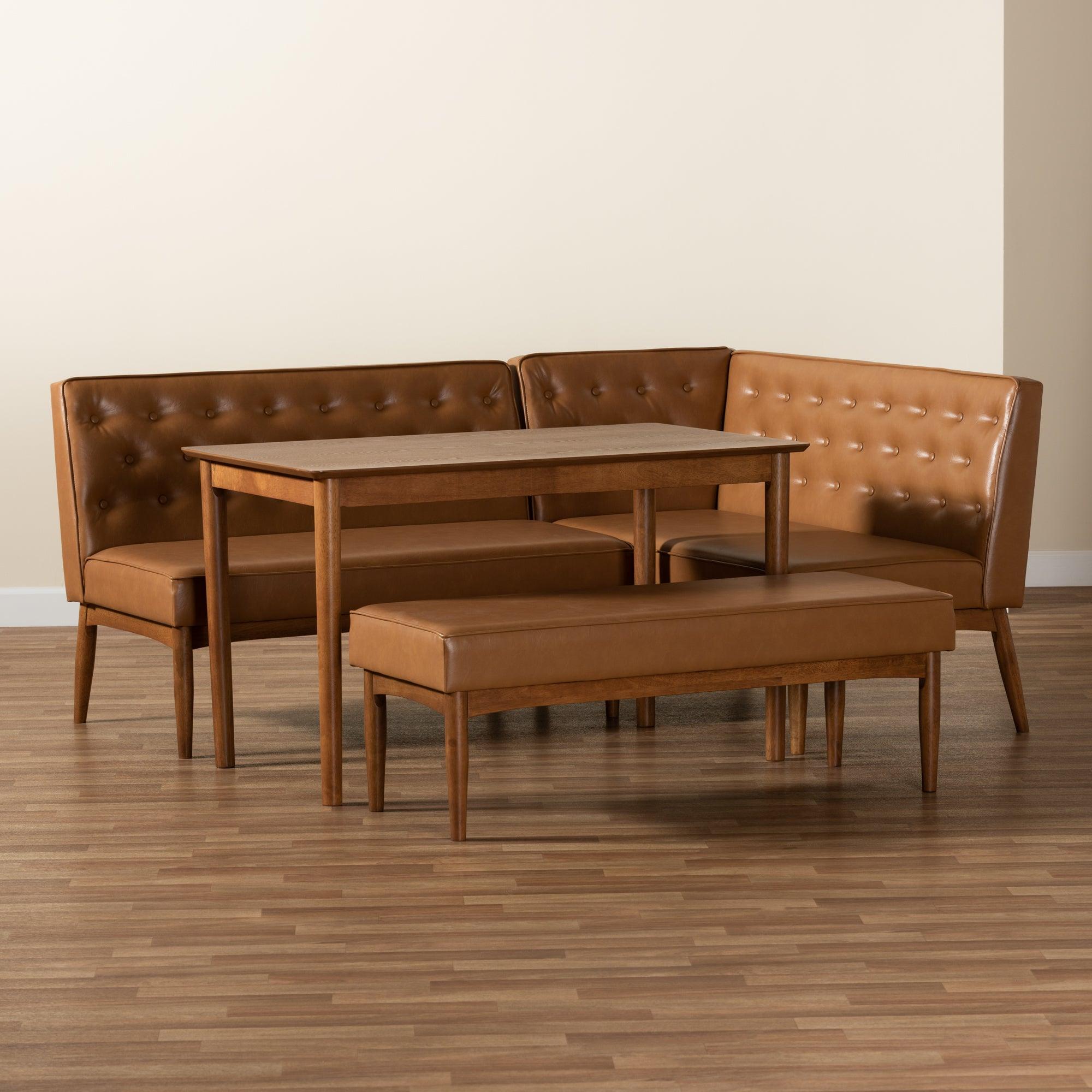 Riordan Mid-Century Modern Faux Leather Upholstered and Finished Wood 4-Piece Dining Nook Set