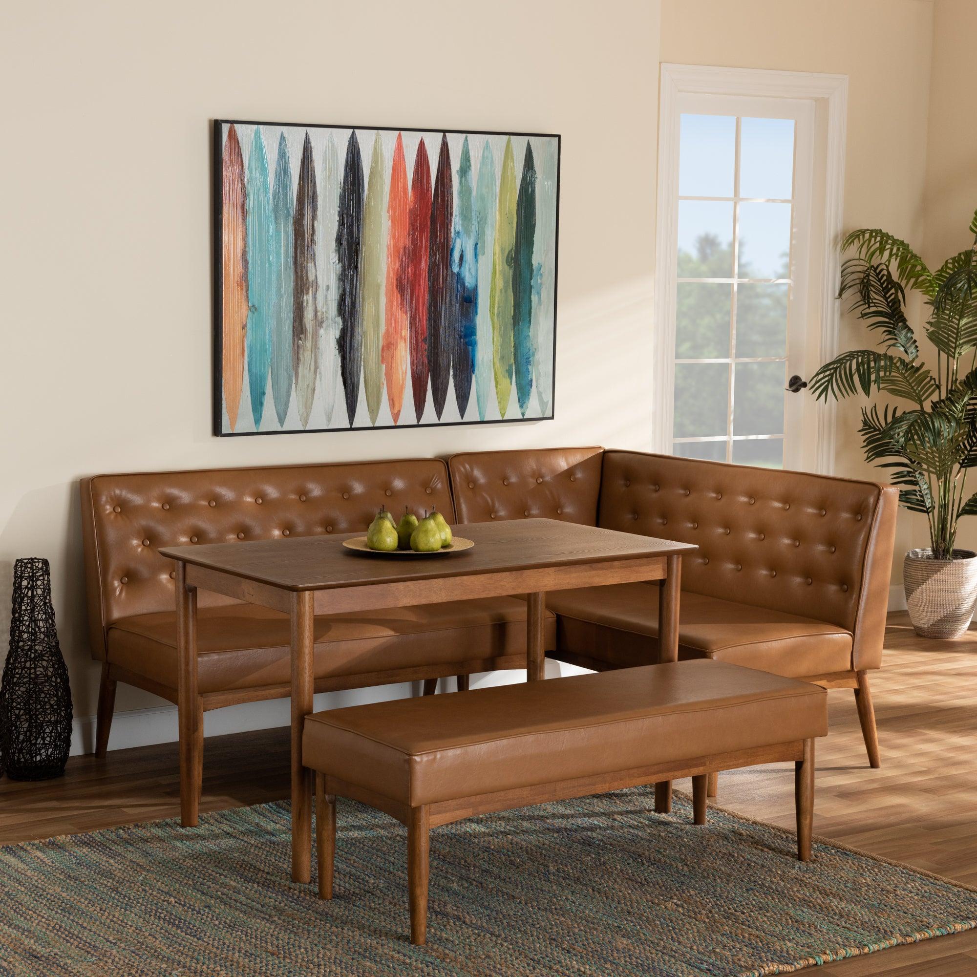 Riordan Mid-Century Modern Faux Leather Upholstered and Finished Wood 4-Piece Dining Nook Set