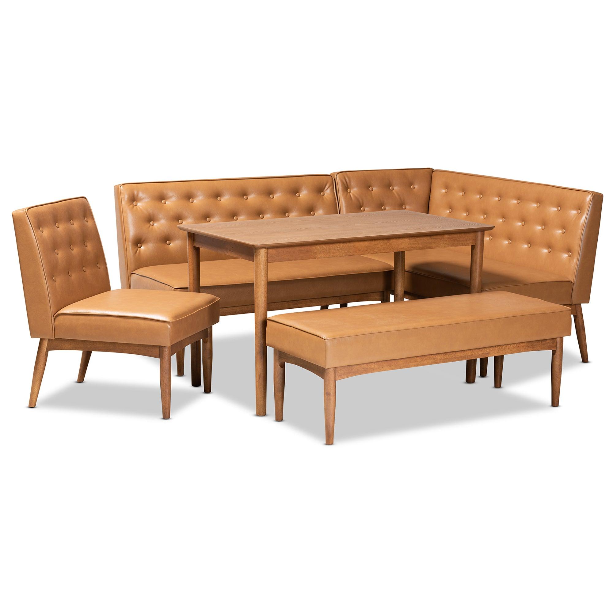 Riordan Mid-Century Modern Faux Leather Upholstered and Finished Wood 5-Piece Dining Nook Set