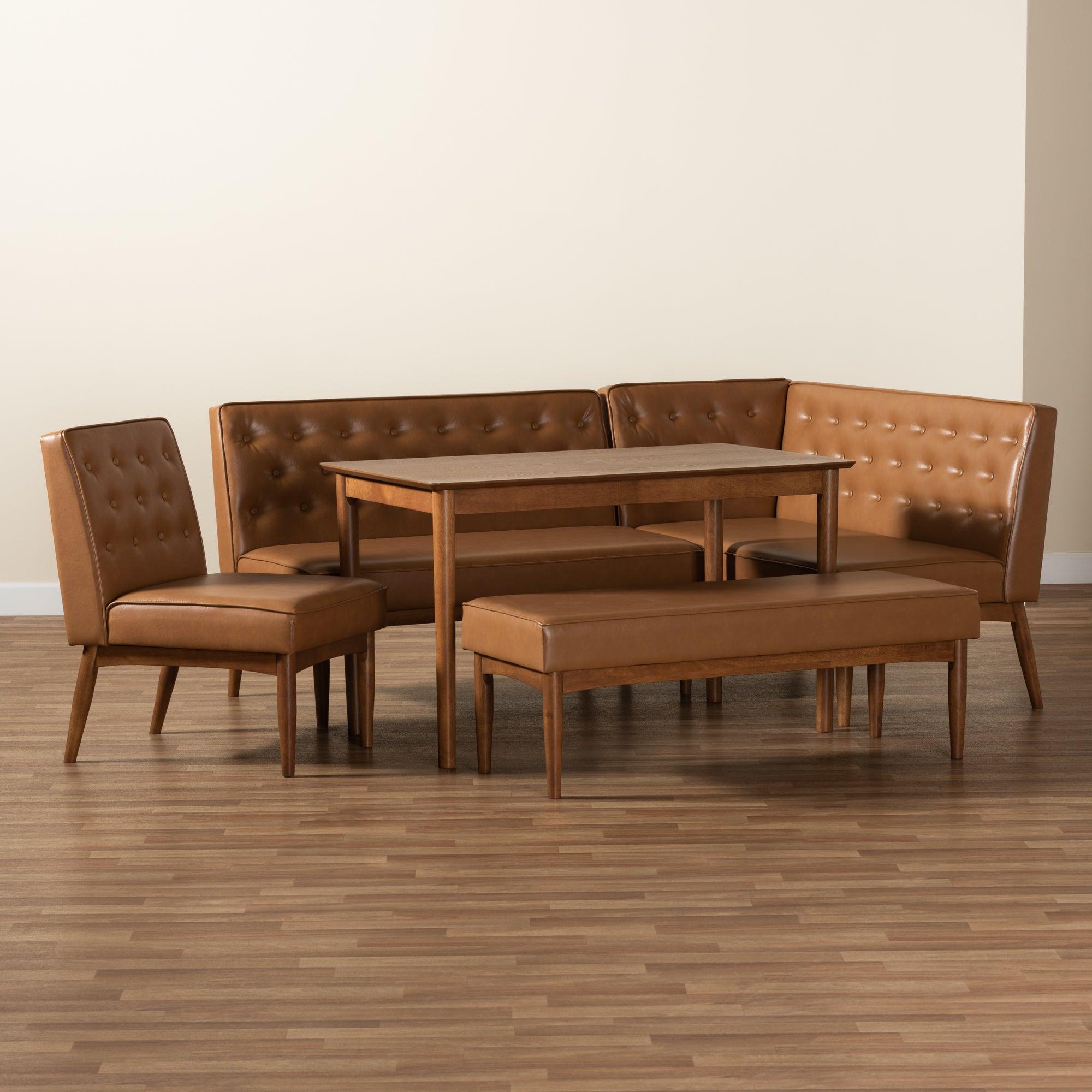 Riordan Mid-Century Modern Faux Leather Upholstered and Finished Wood 5-Piece Dining Nook Set