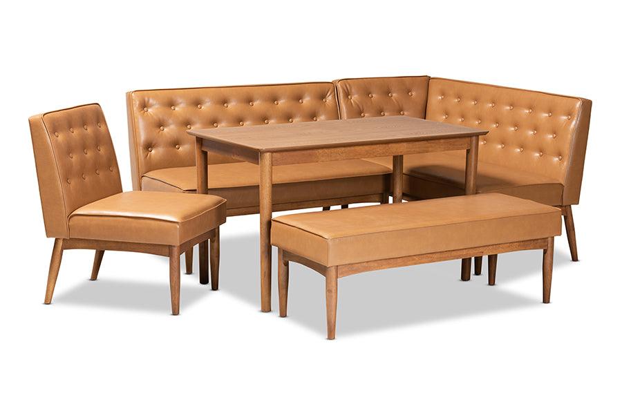 Riordan Mid-Century Modern Faux Leather Upholstered and Finished Wood 5-Piece Dining Nook Set