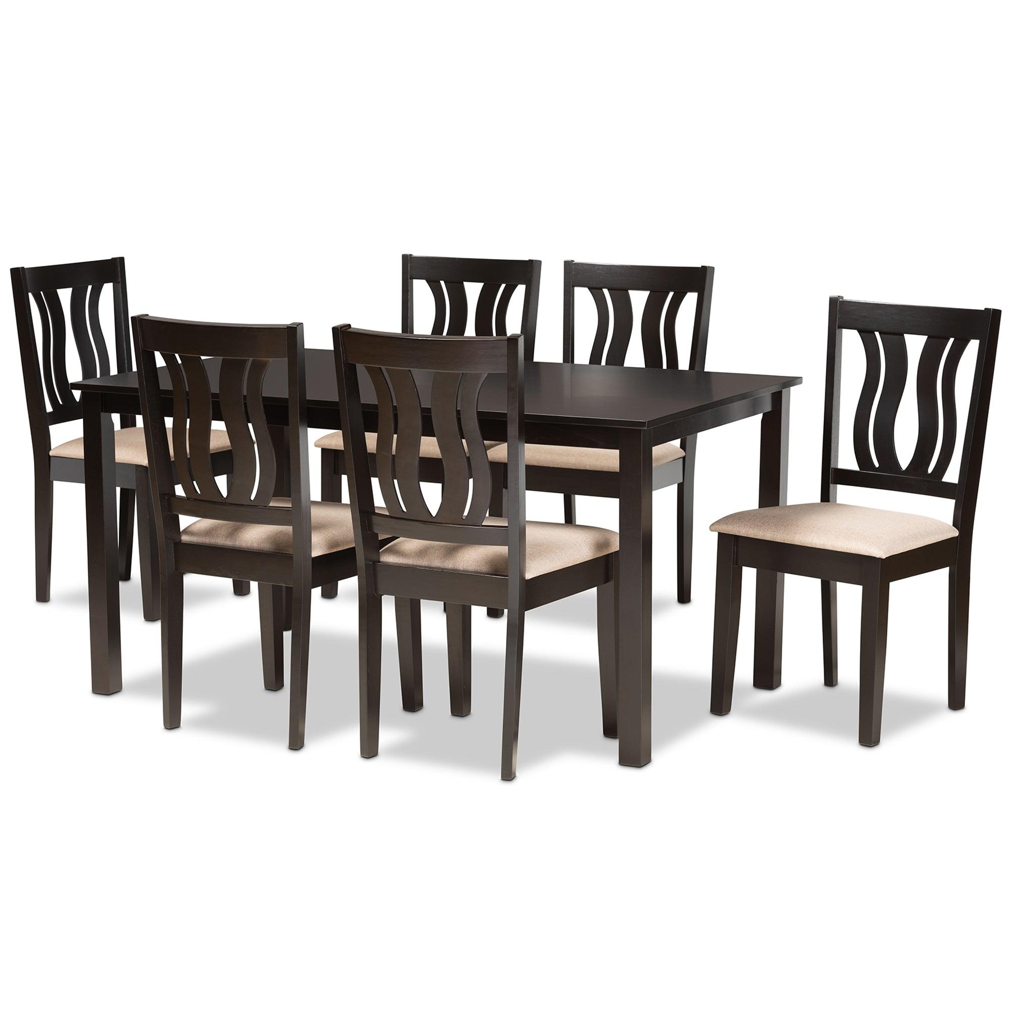 Fenton Modern and Contemporary Sand Fabric Upholstered and Finished Wood 7-Piece Dining Set