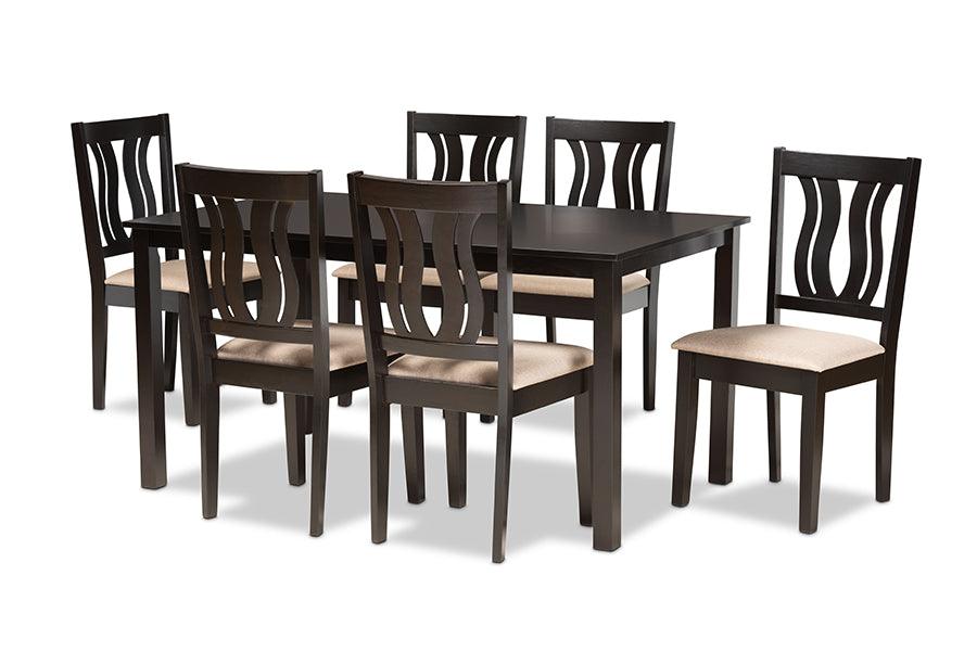 Fenton Modern and Contemporary Sand Fabric Upholstered and Finished Wood 7-Piece Dining Set