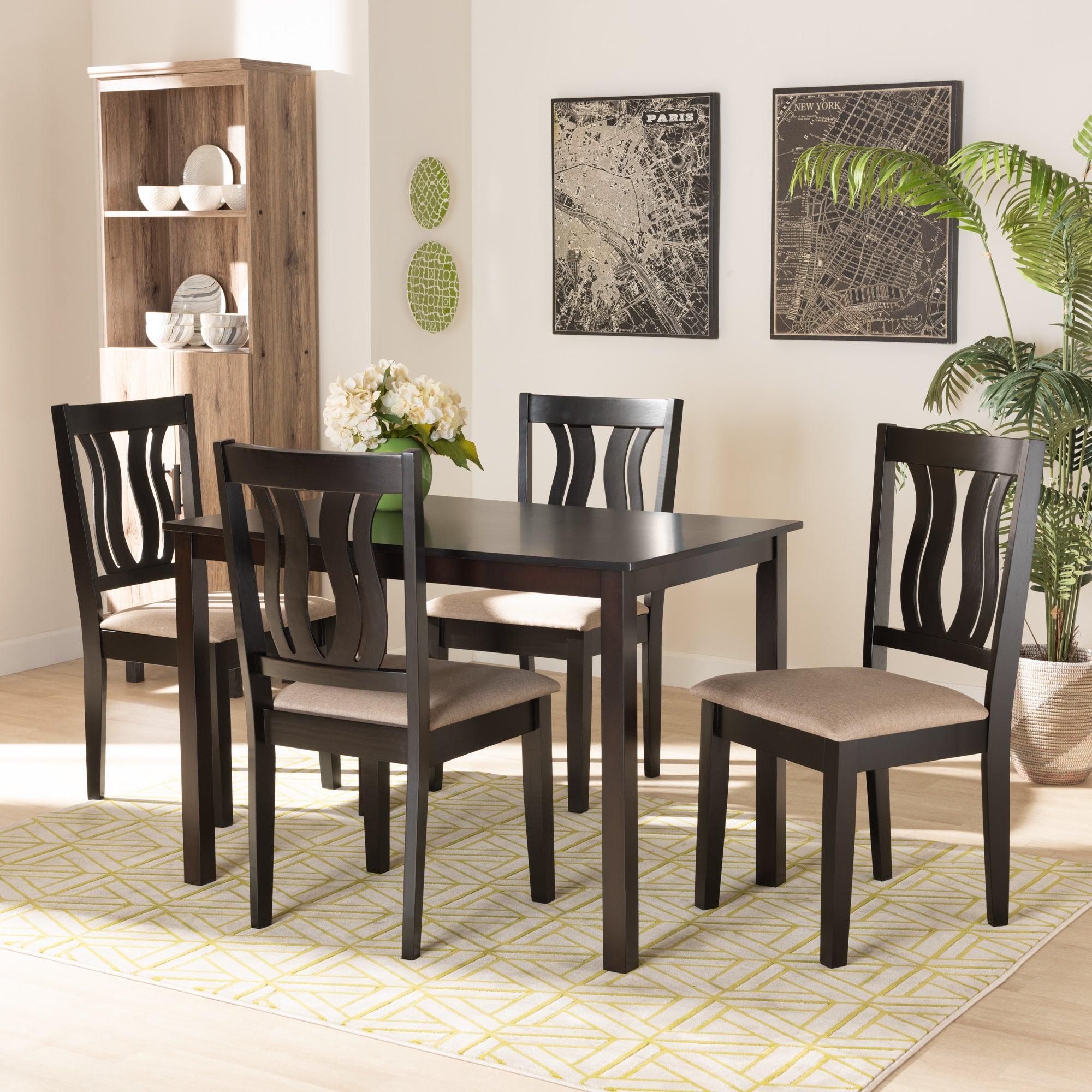 Fenton Modern and Contemporary Sand Fabric Upholstered and Finished Wood 5-Piece Dining Set