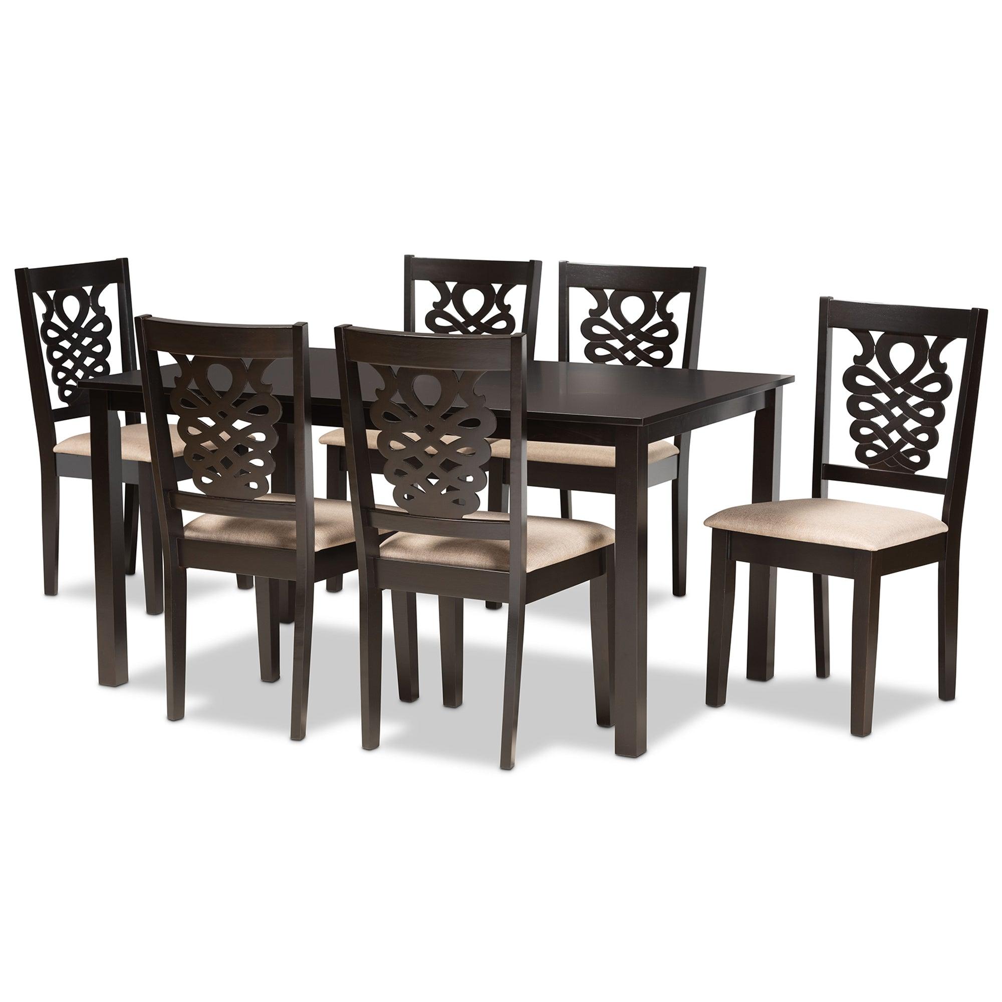 Gervais Modern and Contemporary Sand Fabric Upholstered and Finished Wood 7-Piece Dining Set