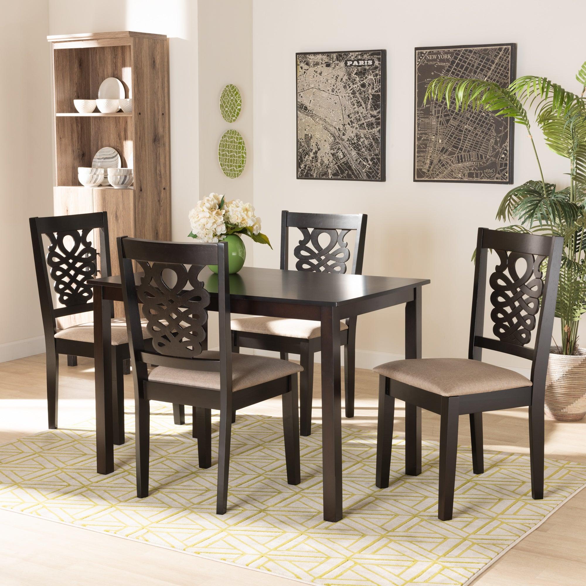 Gervais Modern and Contemporary Sand Fabric Upholstered and Finished Wood 5-Piece Dining Set