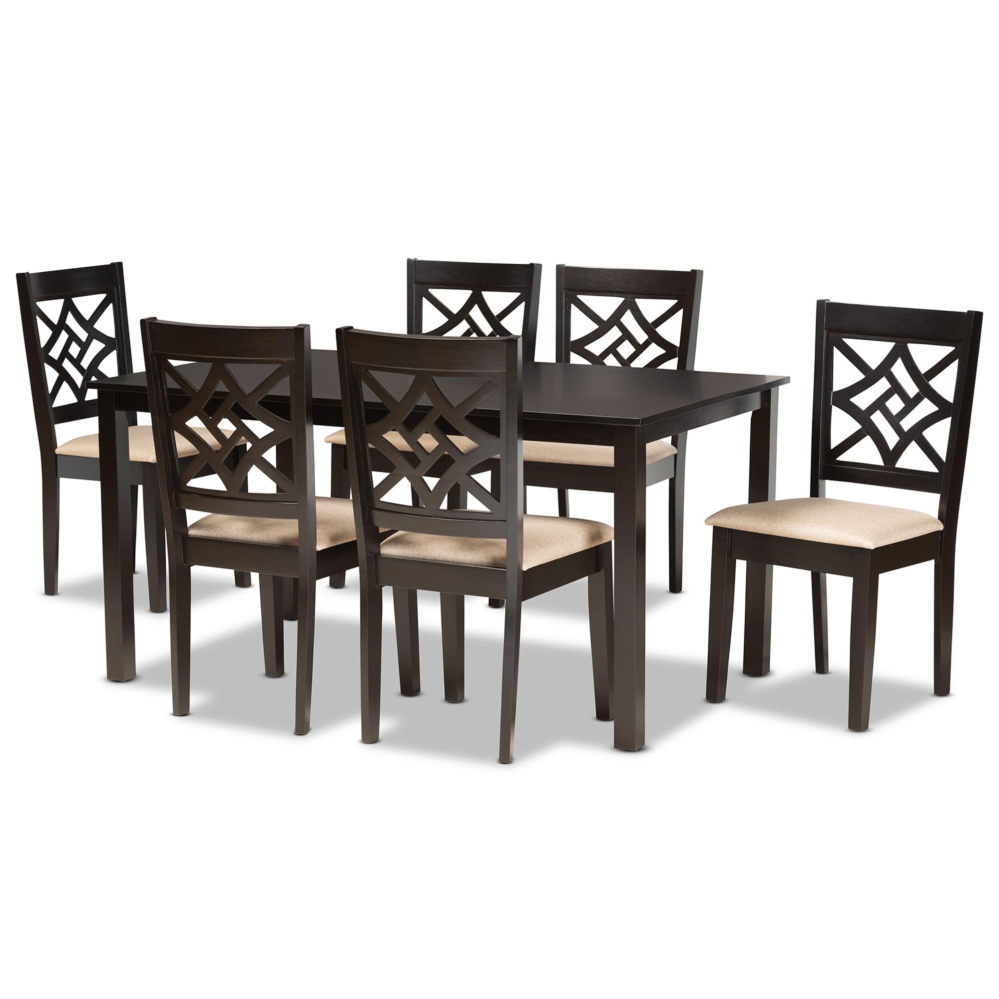 Nicolette Modern and Contemporary Sand Fabric Upholstered and Finished Wood 7-Piece Dining Set