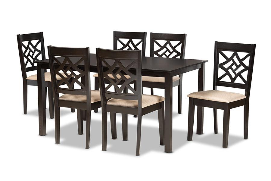 Nicolette Modern and Contemporary Sand Fabric Upholstered and Finished Wood 7-Piece Dining Set