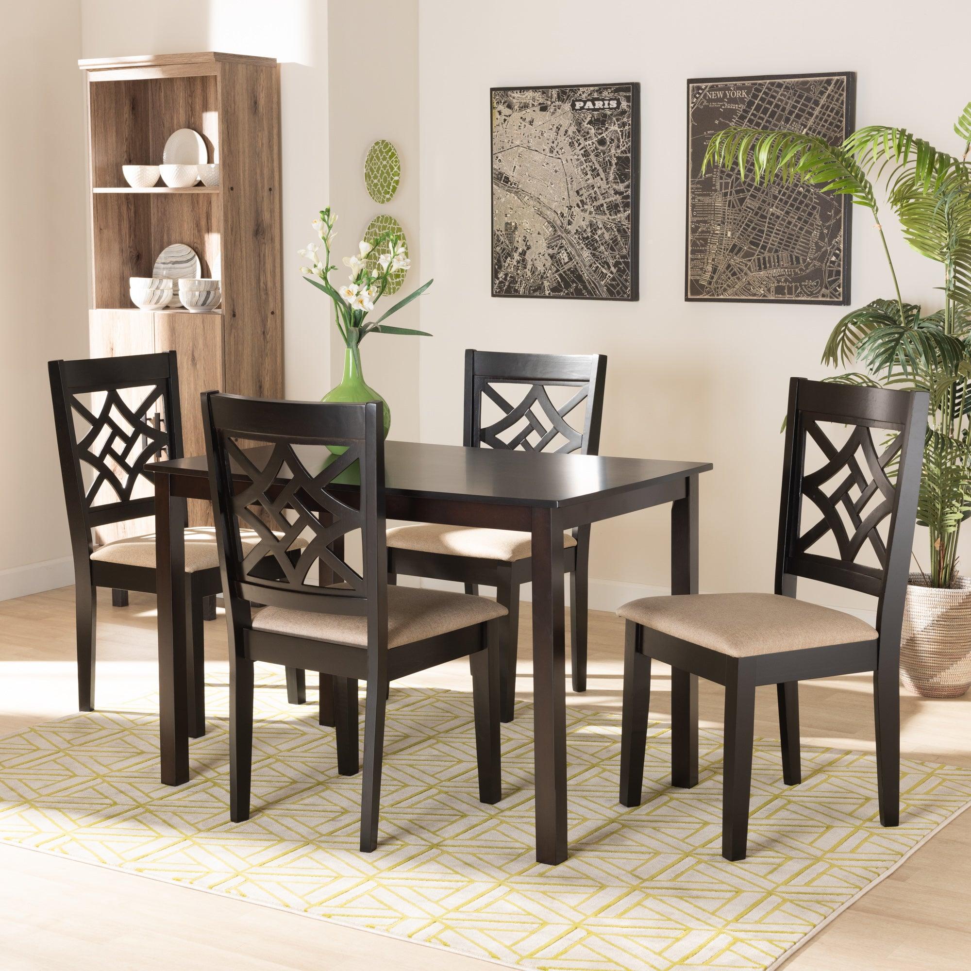 Nicolette Modern and Contemporary Sand Fabric Upholstered and Finished Wood 5-Piece Dining Set