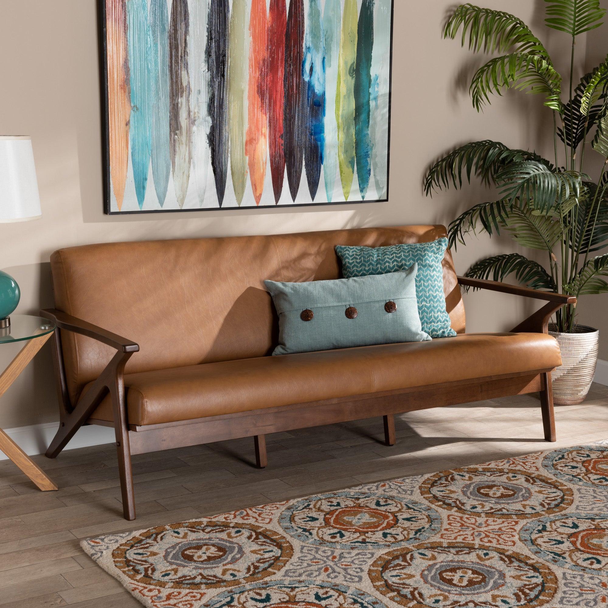 Bianca Mid-Century Modern Finished Wood and Faux Leather Effect Sofa