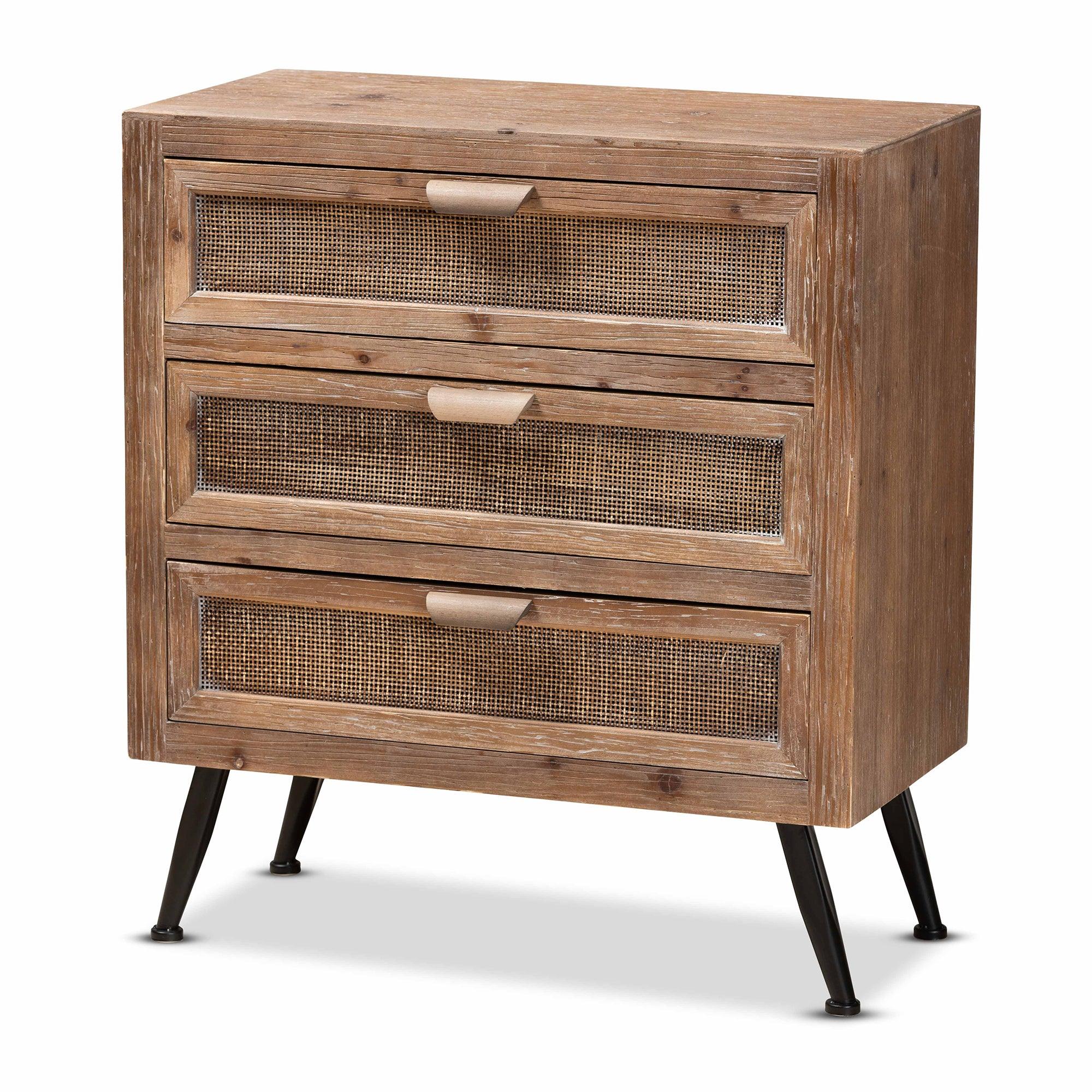 Calida Mid-Century Modern washed Finished Wood and Rattan 3-Drawer Storage Cabinet