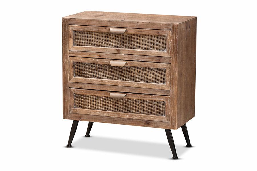 Calida Mid-Century Modern washed Finished Wood and Rattan 3-Drawer Storage Cabinet