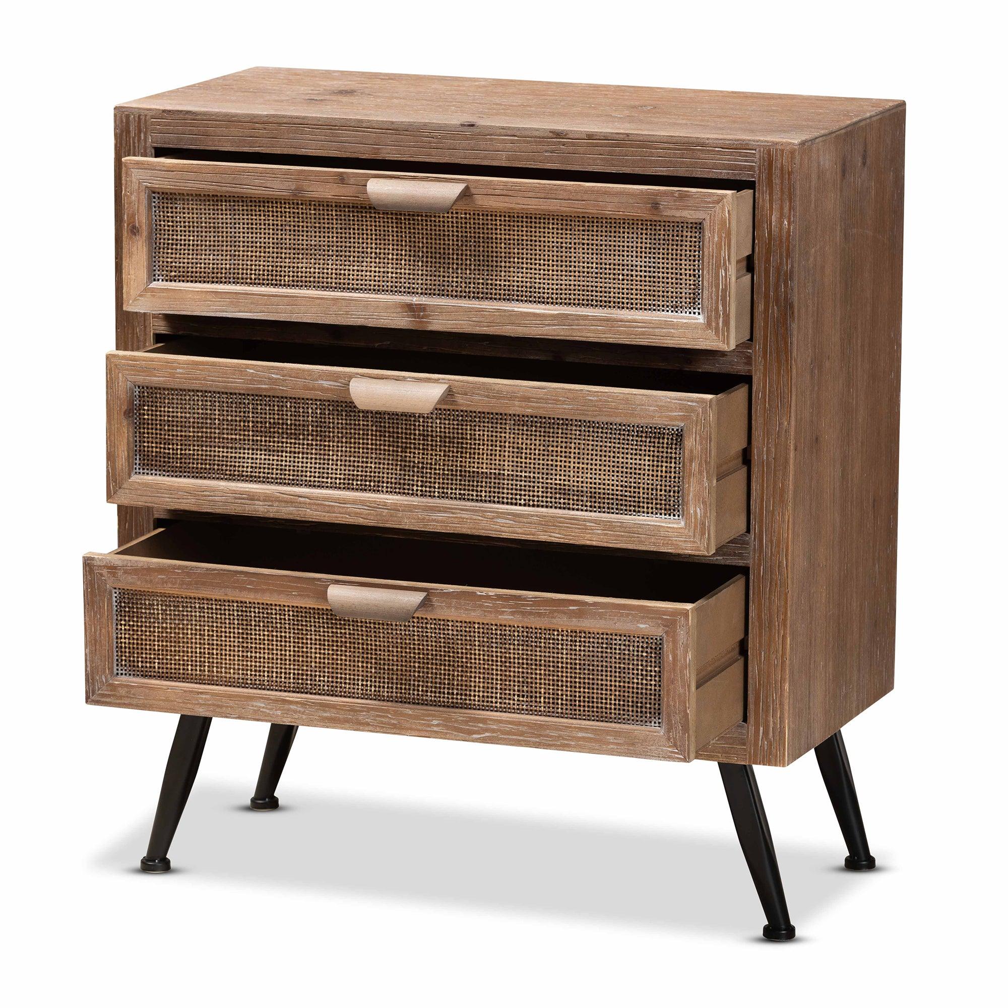 Calida Mid-Century Modern washed Finished Wood and Rattan 3-Drawer Storage Cabinet