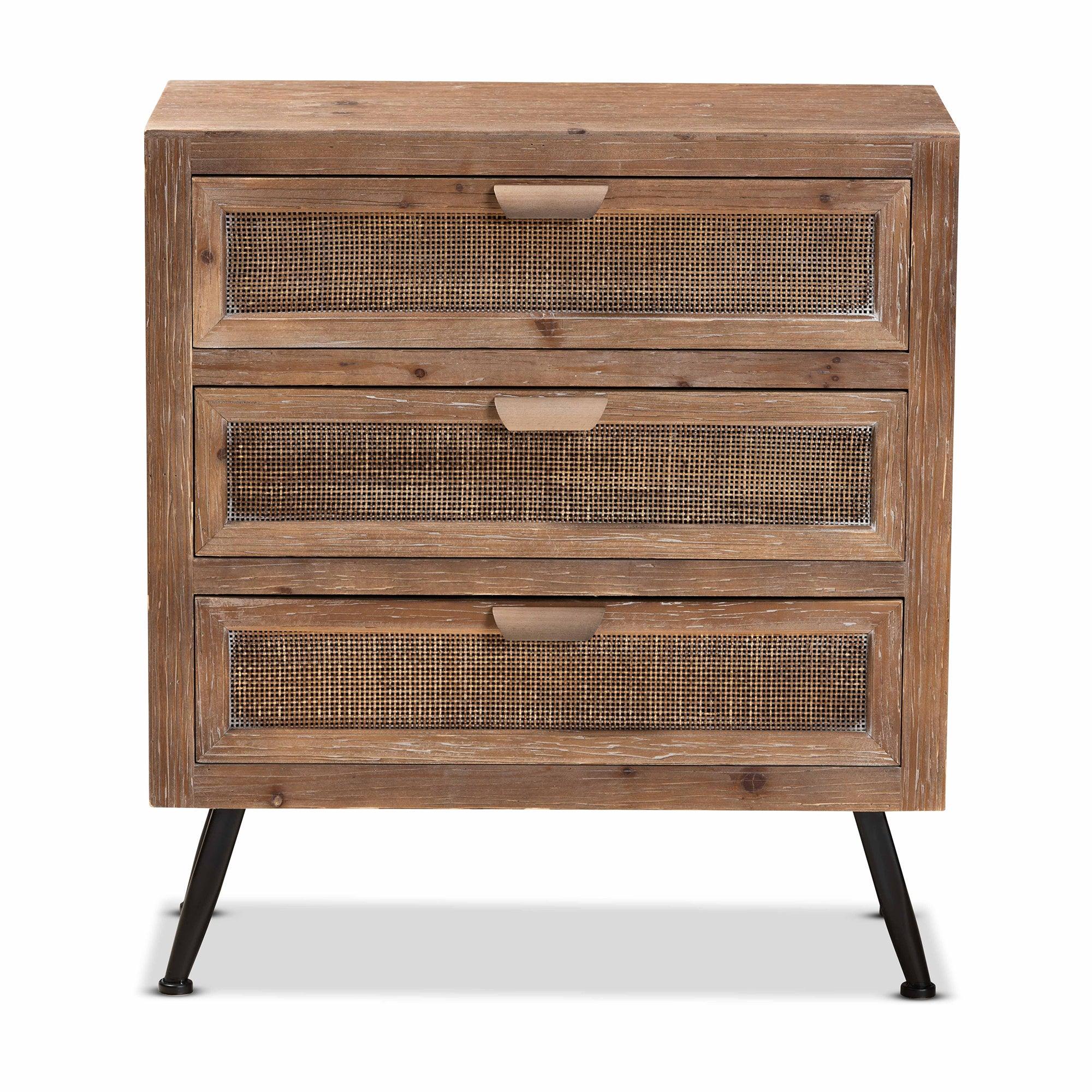 Calida Mid-Century Modern washed Finished Wood and Rattan 3-Drawer Storage Cabinet