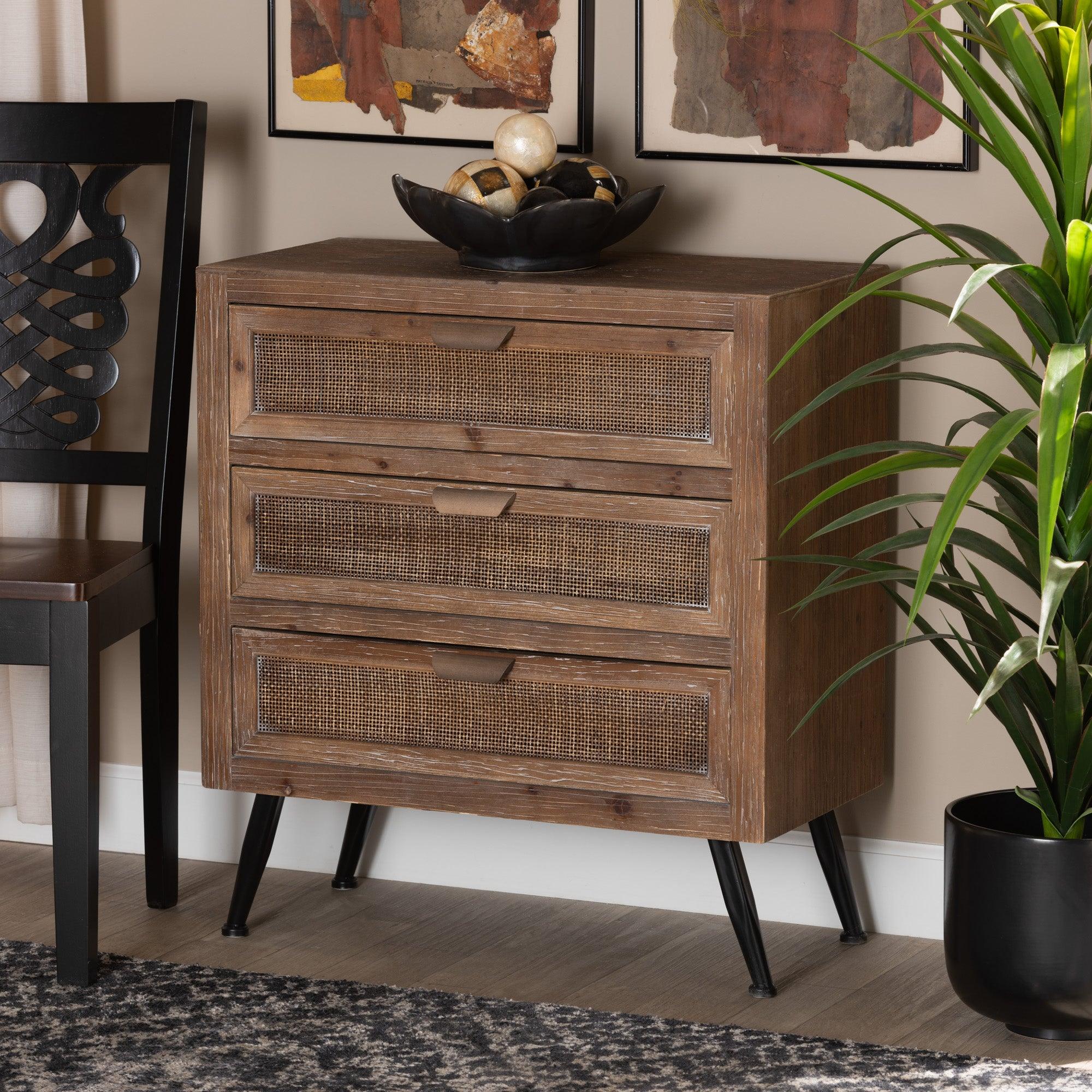 Calida Mid-Century Modern washed Finished Wood and Rattan 3-Drawer Storage Cabinet