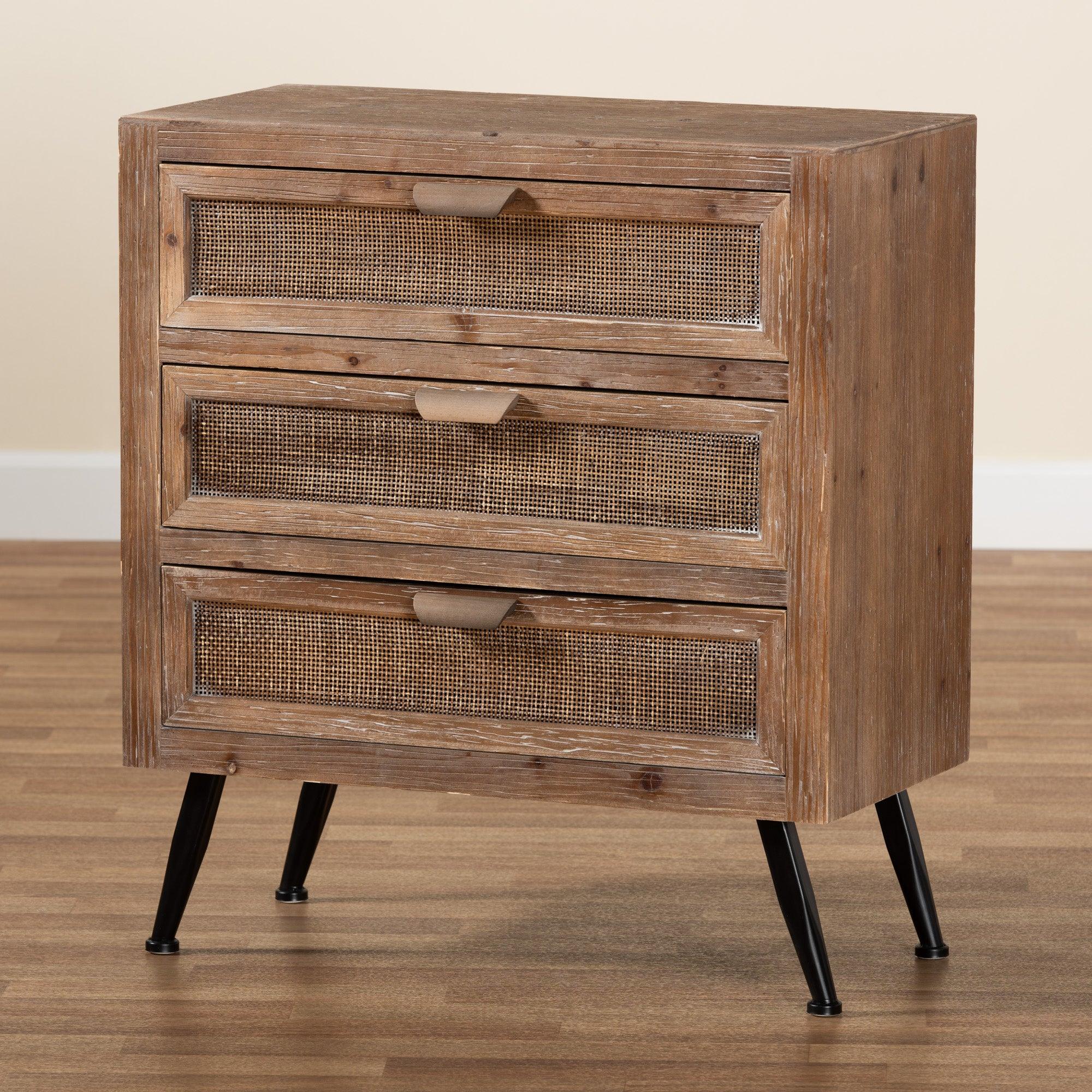 Calida Mid-Century Modern washed Finished Wood and Rattan 3-Drawer Storage Cabinet