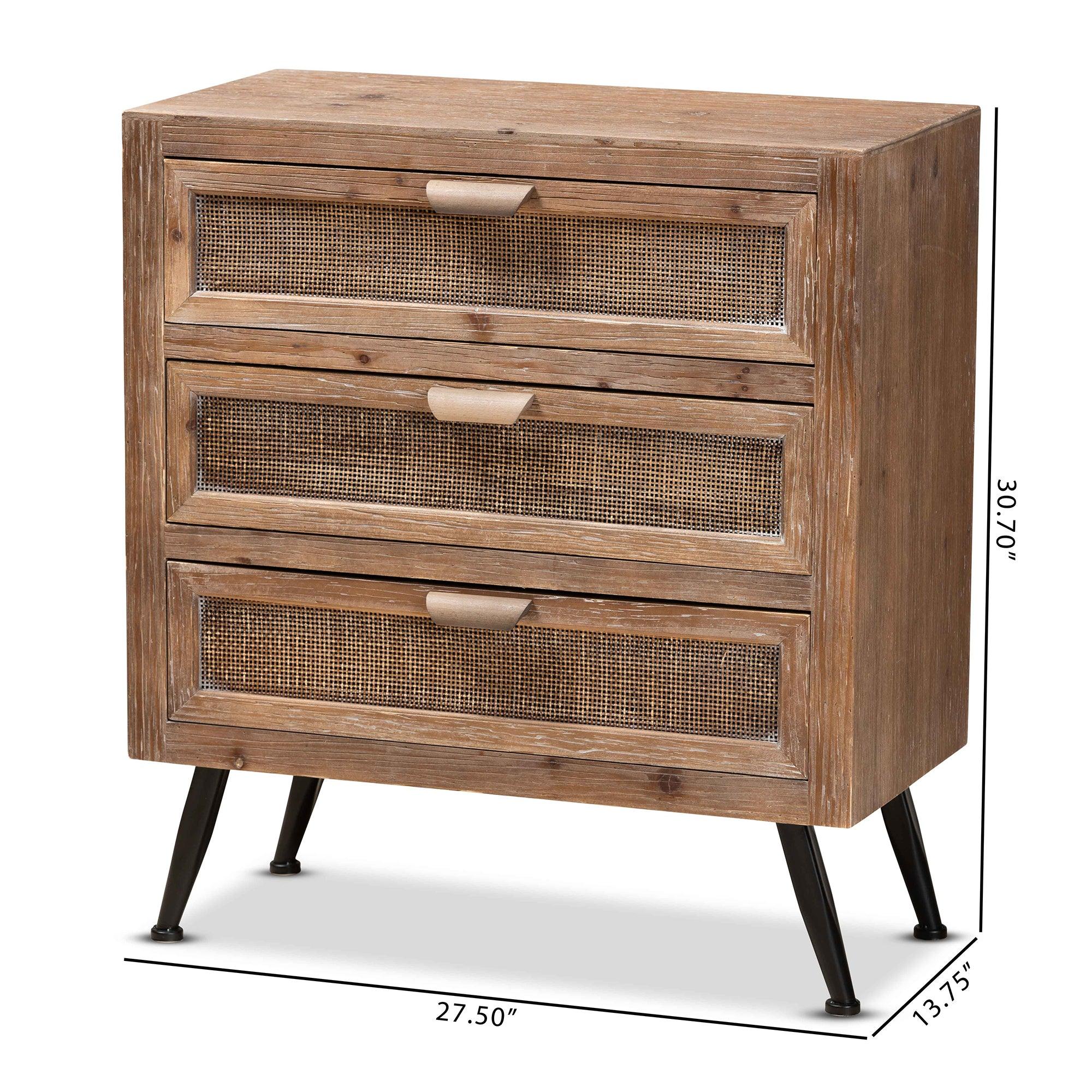 Calida Mid-Century Modern washed Finished Wood and Rattan 3-Drawer Storage Cabinet