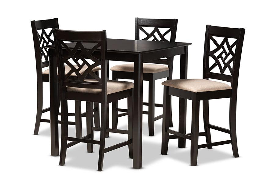 Nicolette Modern and Contemporary Sand Fabric Upholstered and Finished Wood 5-Piece Pub Set