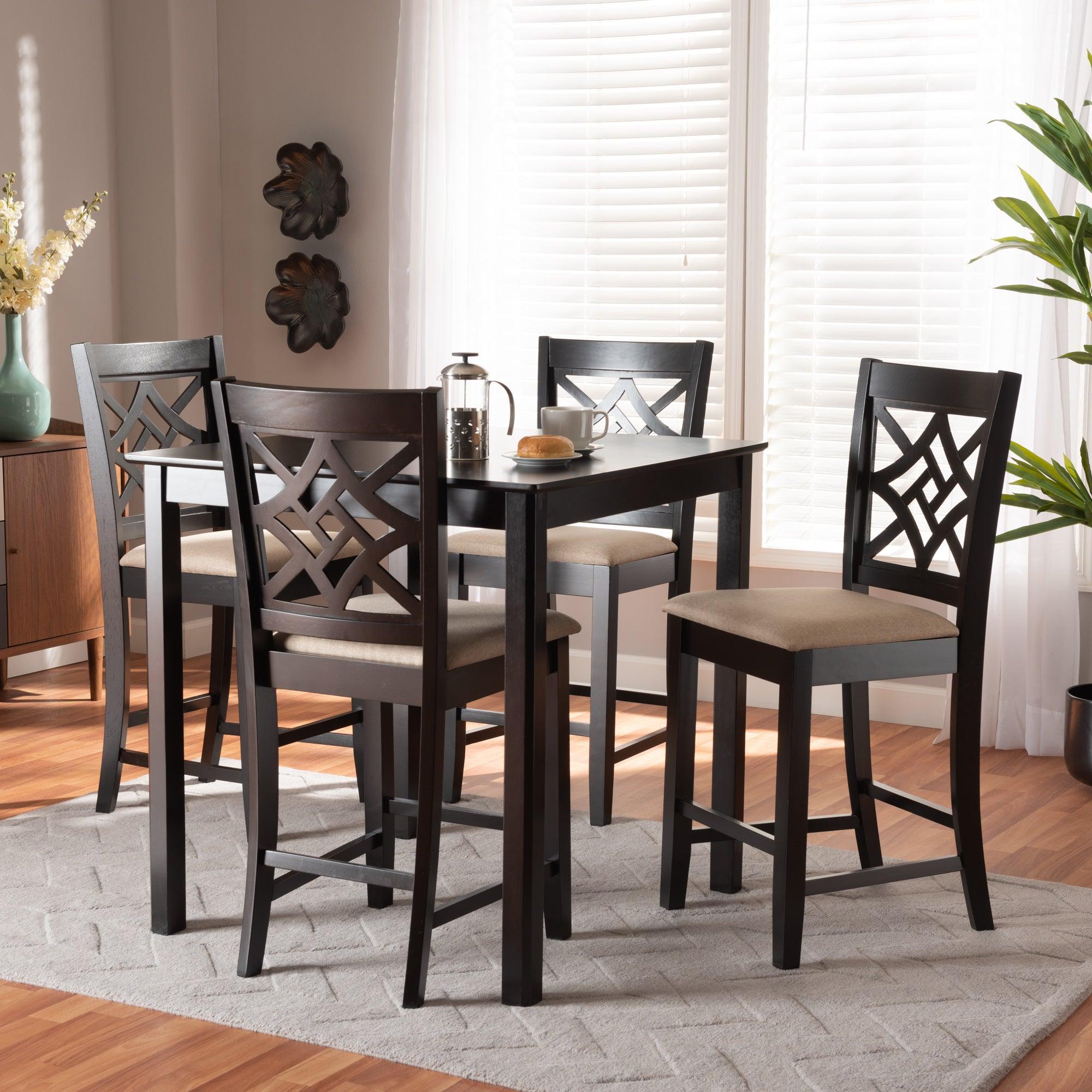 Nicolette Modern and Contemporary Sand Fabric Upholstered and Finished Wood 5-Piece Pub Set