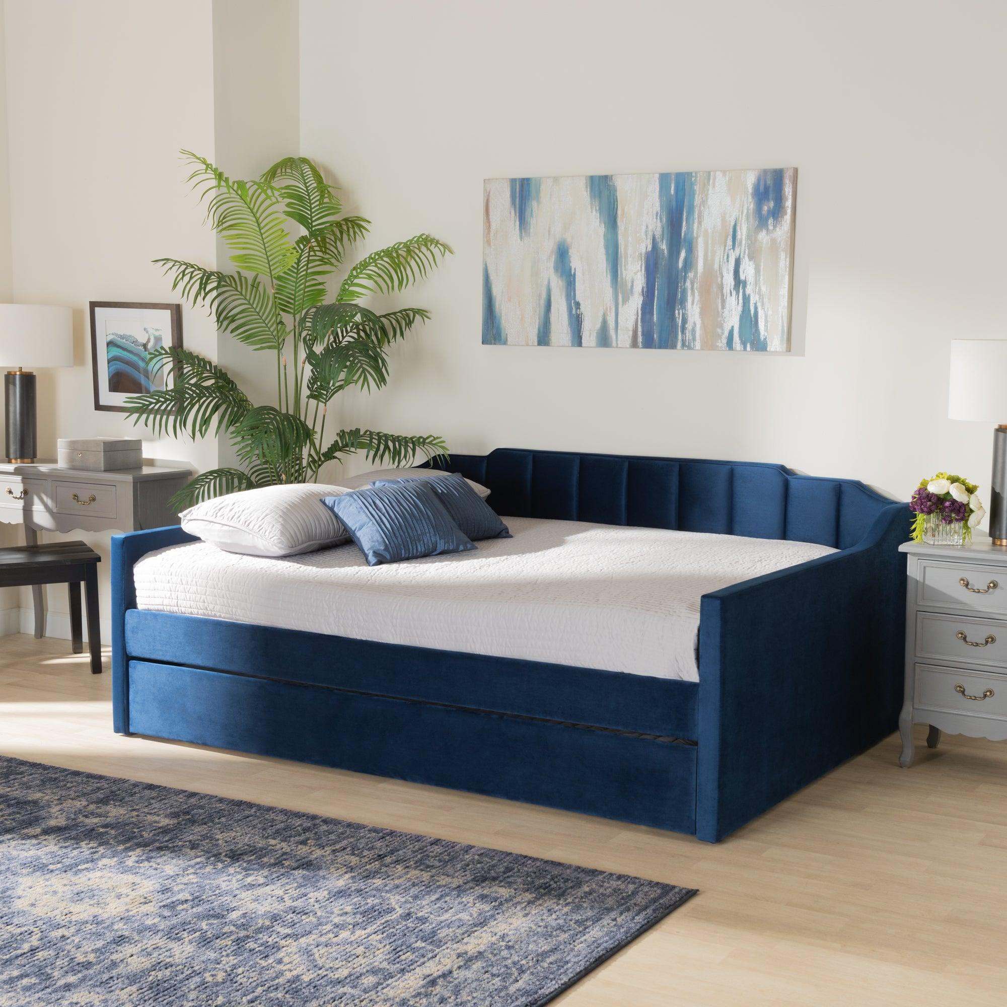 Lennon Modern and Contemporary Velvet Fabric Upholstered Daybed with Trundle