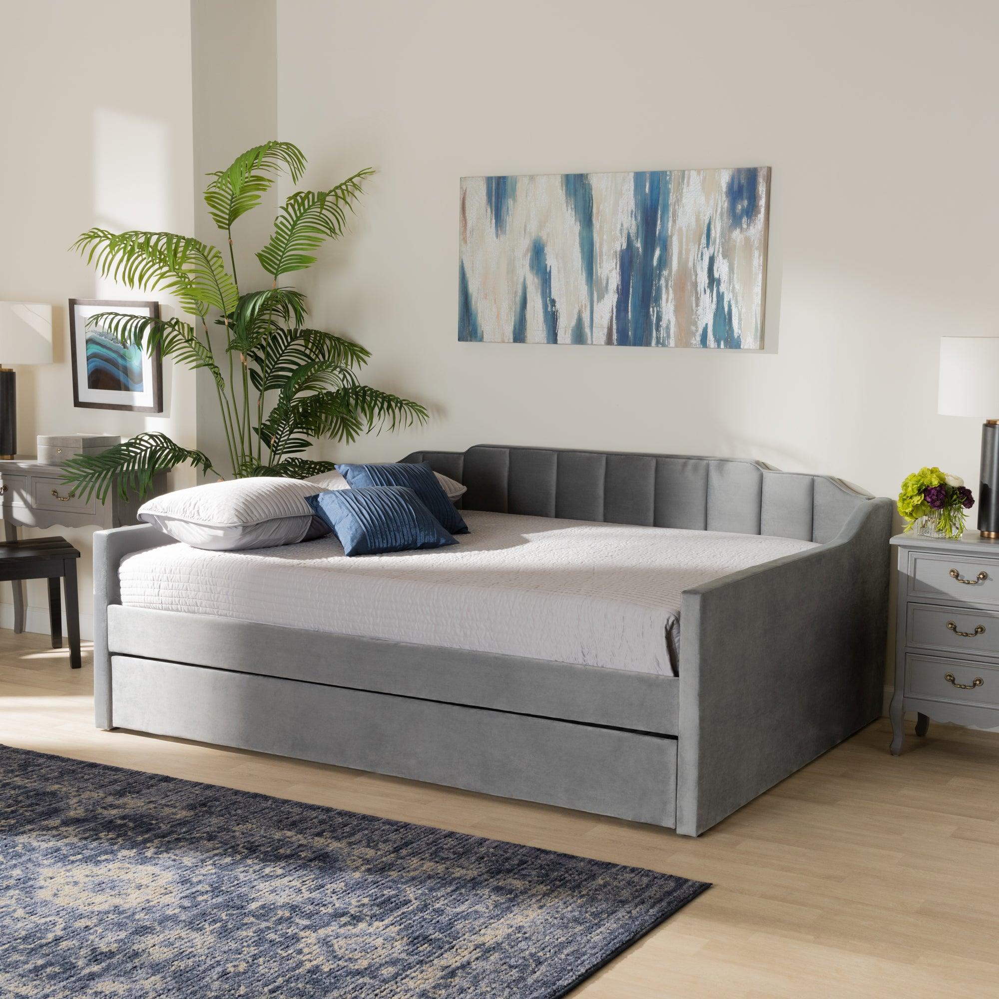 Lennon Modern and Contemporary Velvet Fabric Upholstered Daybed with Trundle