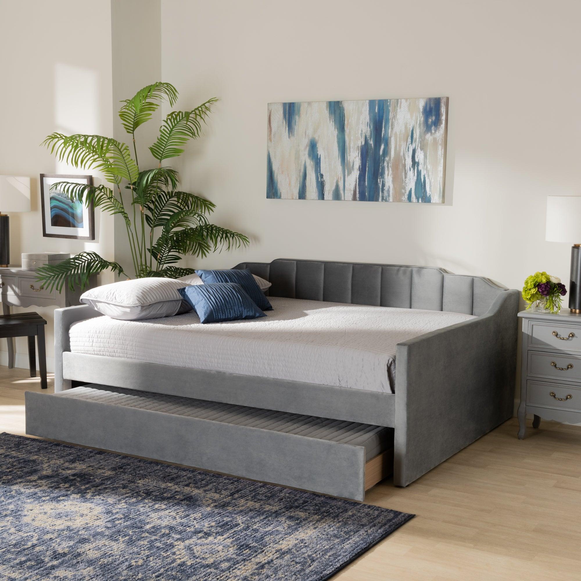 Lennon Modern and Contemporary Velvet Fabric Upholstered Daybed with Trundle