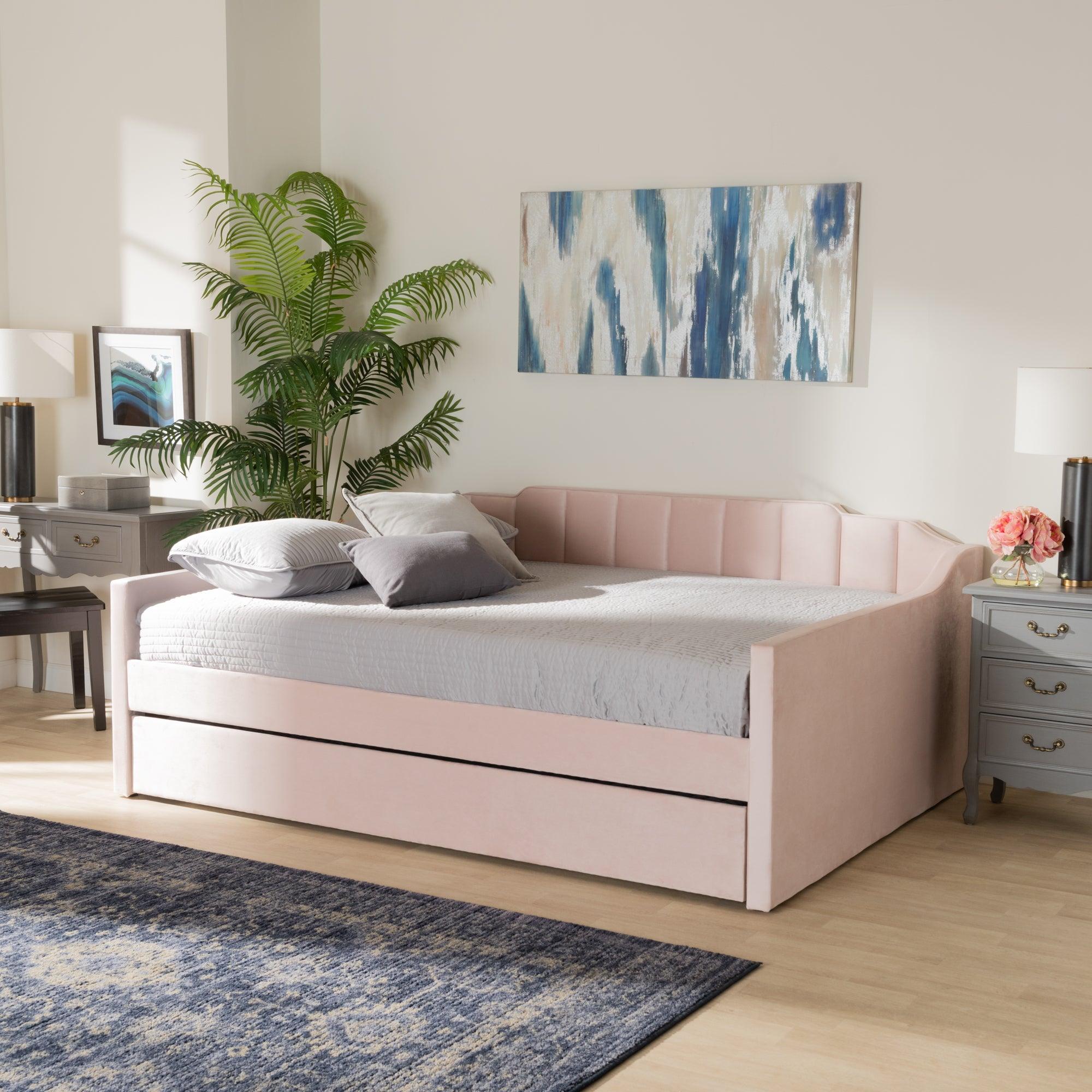 Lennon Modern and Contemporary Velvet Fabric Upholstered Daybed with Trundle