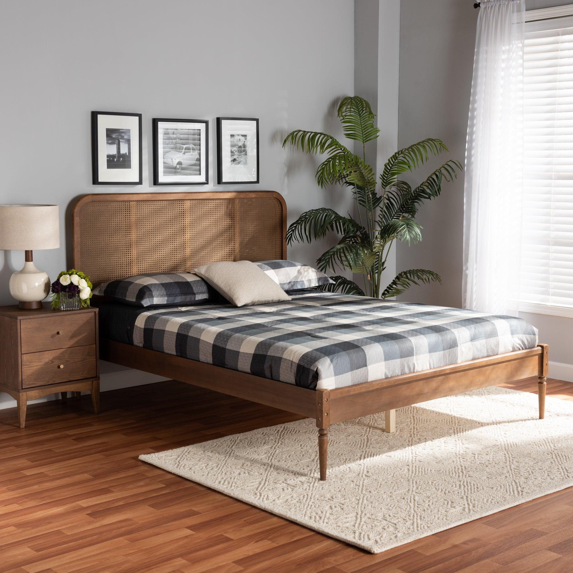 Elston Mid-Century Modern Finished Wood and Synthetic Rattan Platform Bed