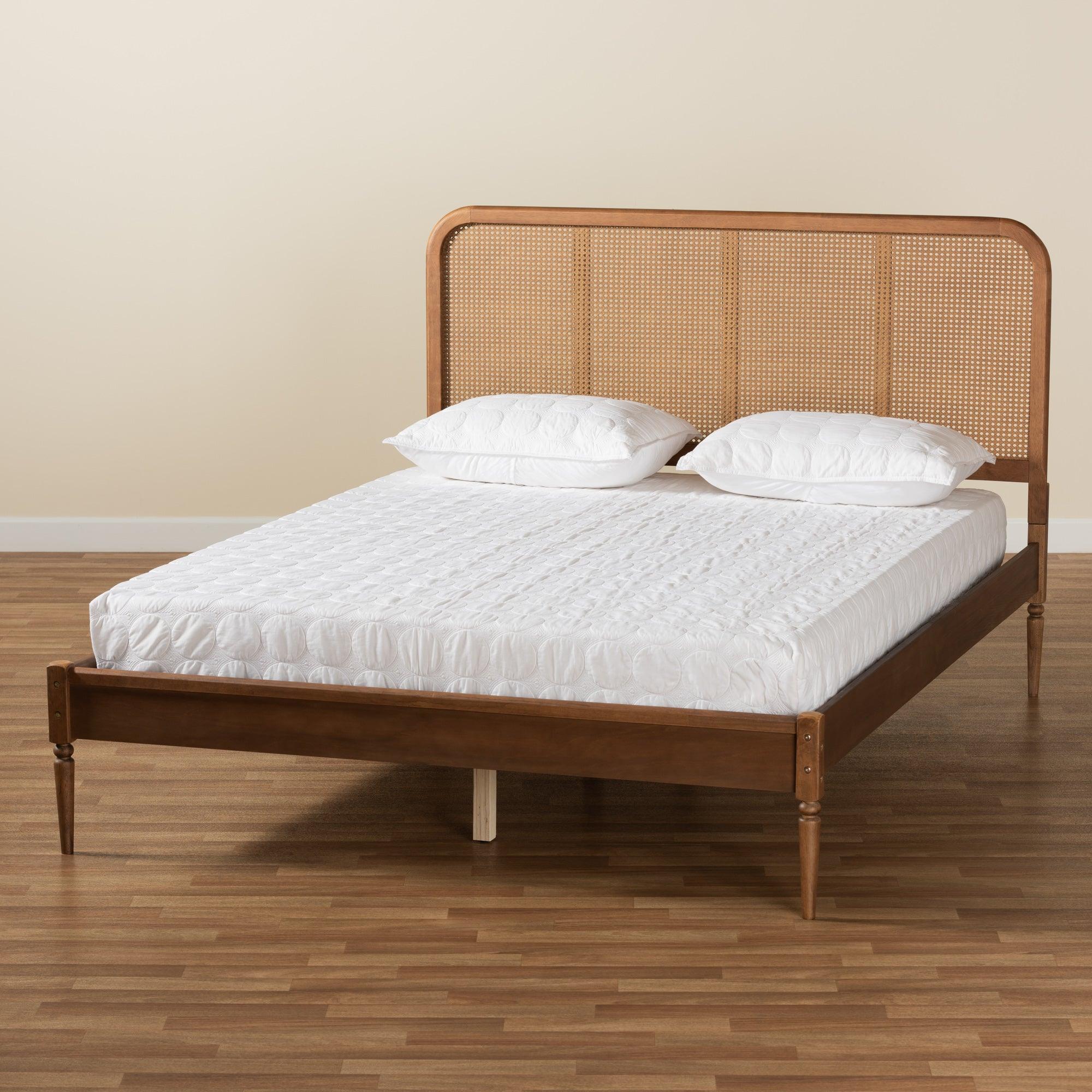 Elston Mid-Century Modern Finished Wood and Synthetic Rattan Platform Bed