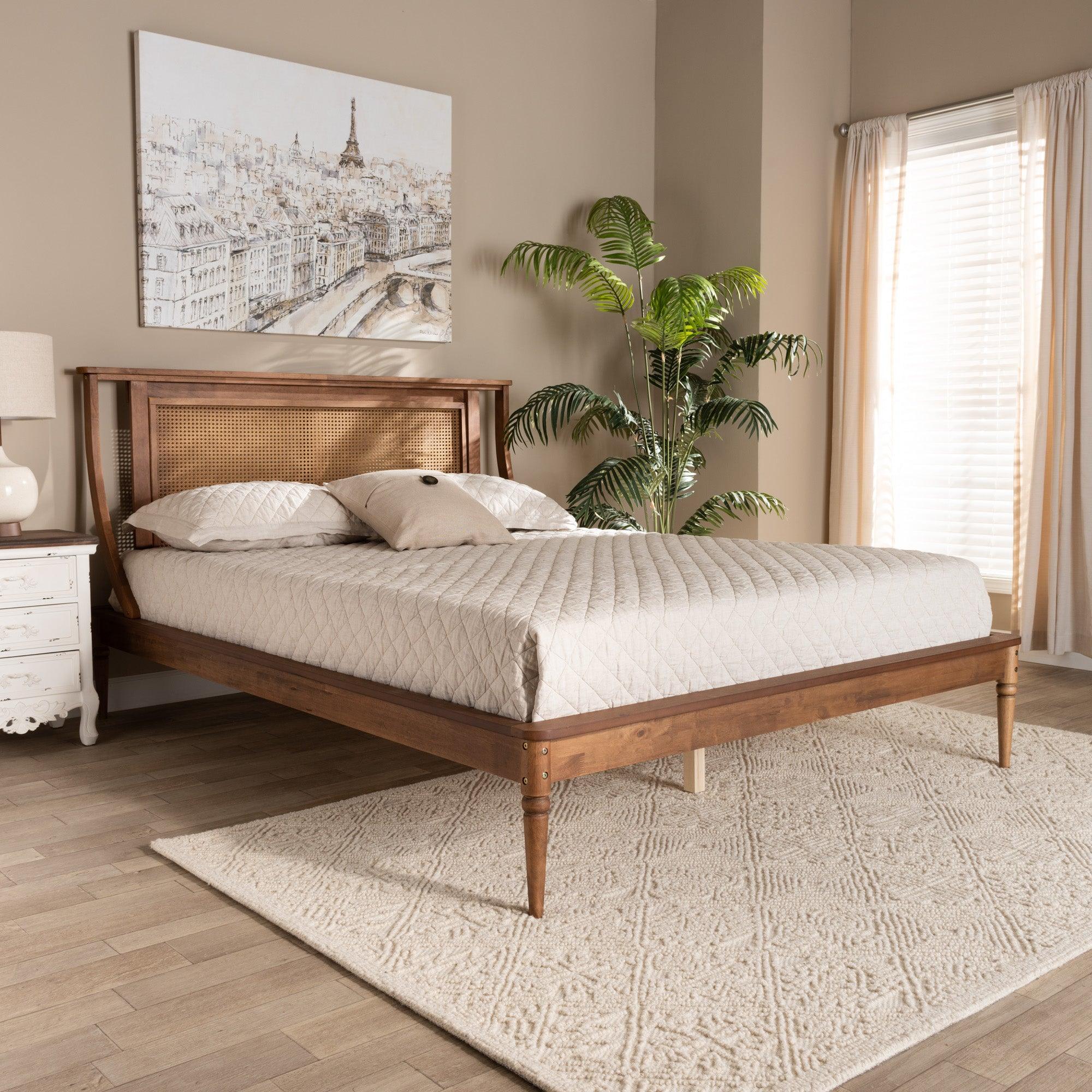 Jamila Modern Transitional Finished Wood and Synthetic Rattan Platform Bed