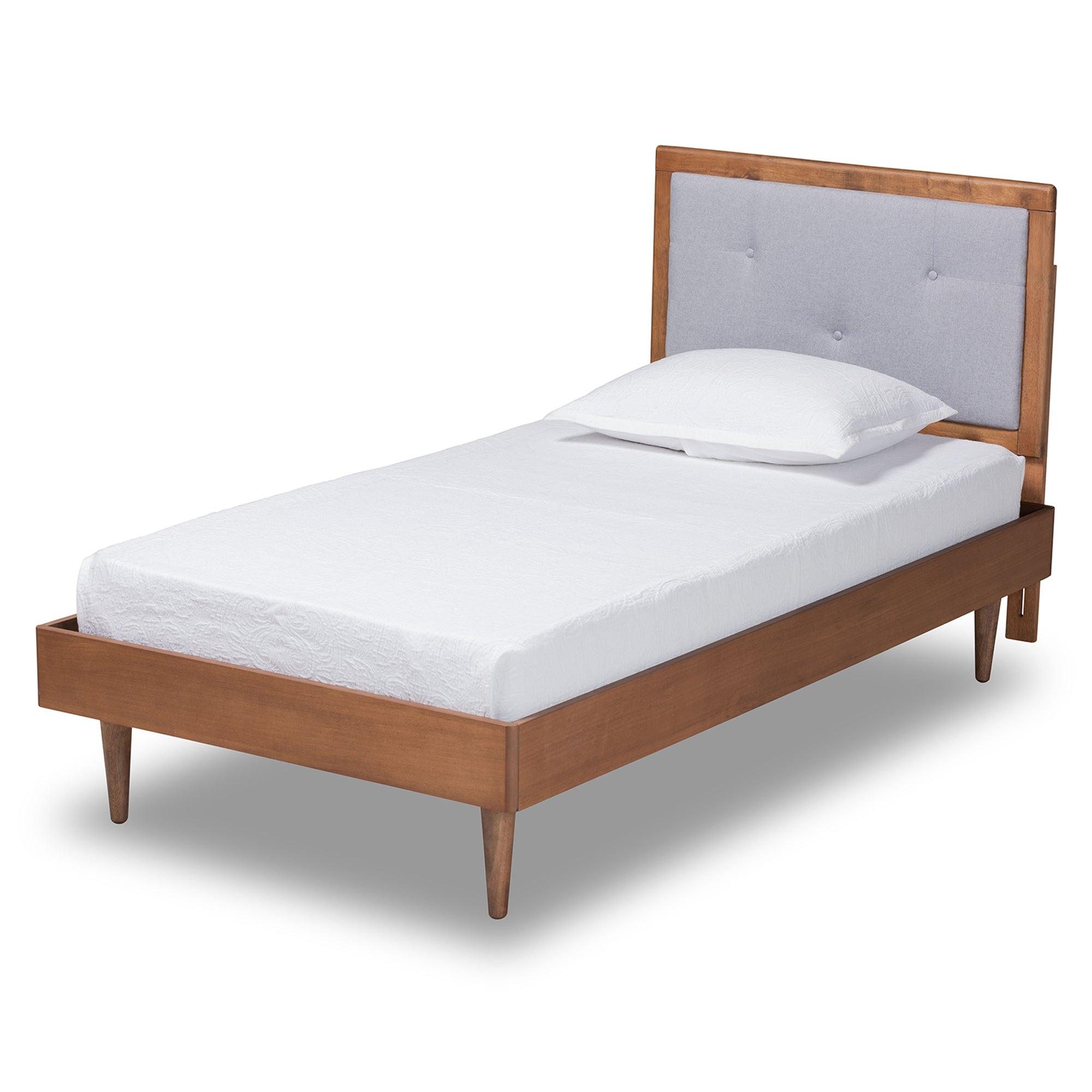 Saul Mid-Century Modern Light Fabric Upholstered and Finished Wood Platform Bed