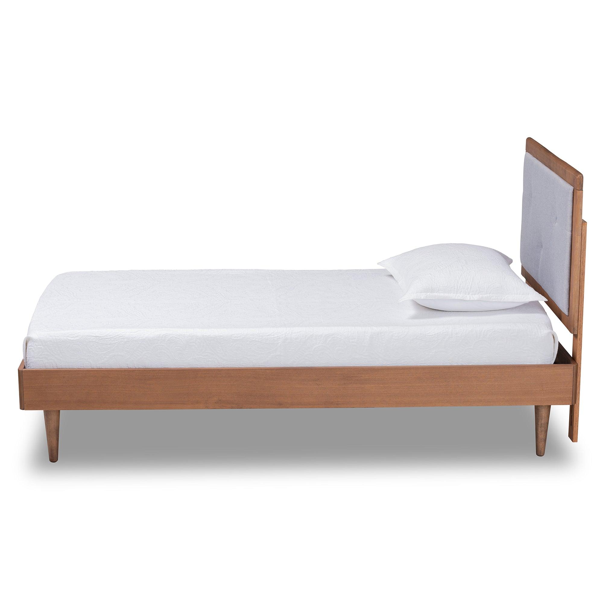 Saul Mid-Century Modern Light Fabric Upholstered and Finished Wood Platform Bed