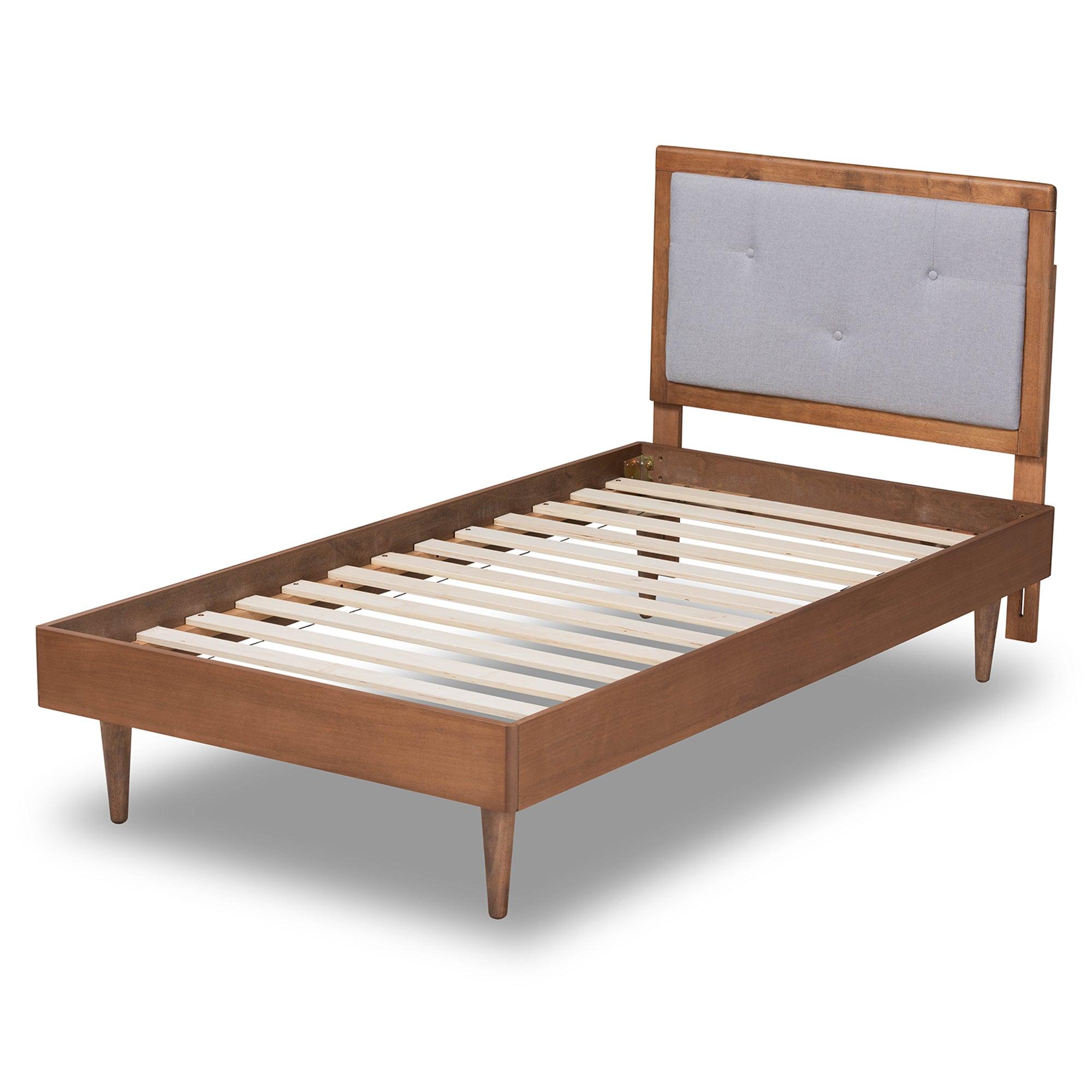 Saul Mid-Century Modern Light Fabric Upholstered and Finished Wood Platform Bed