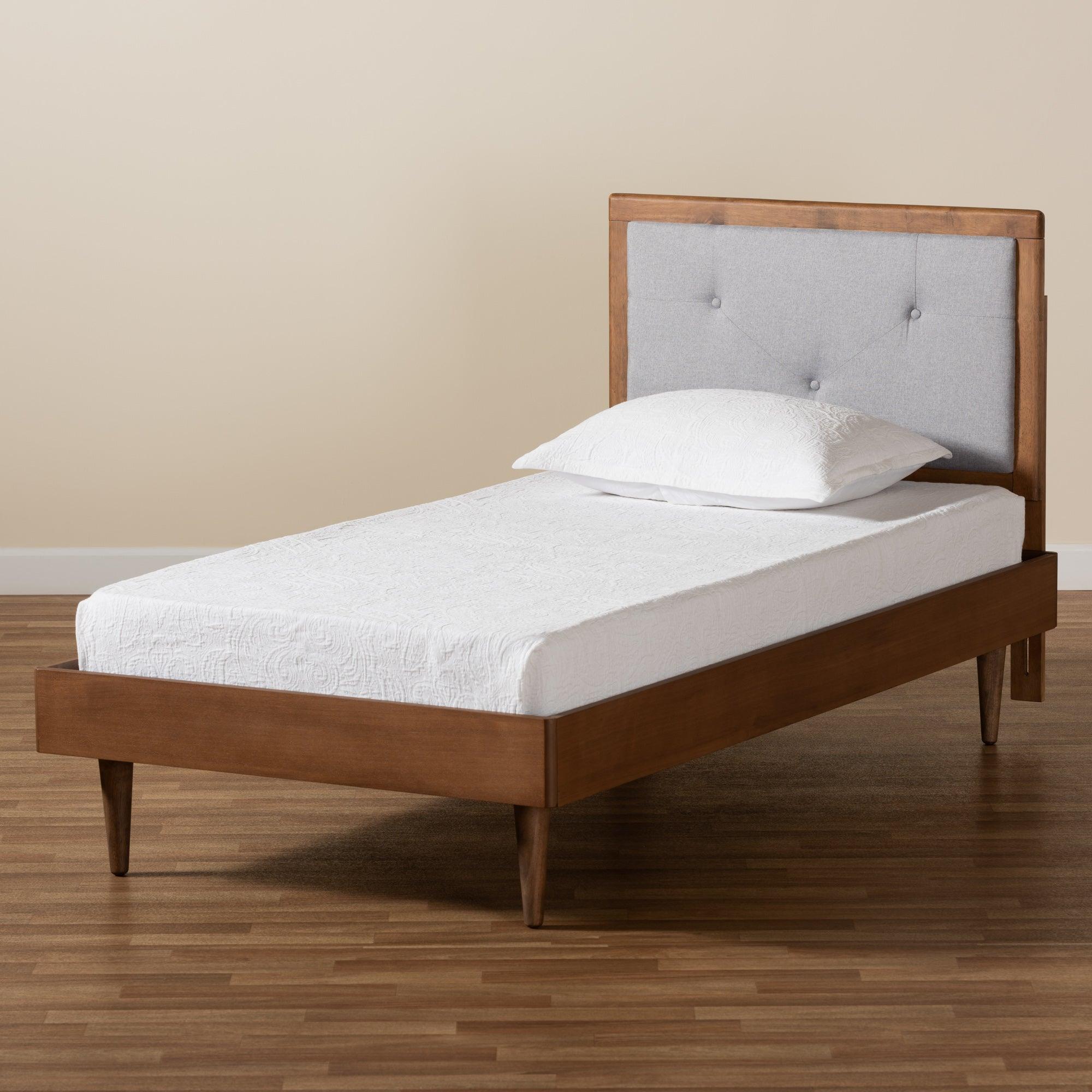 Saul Mid-Century Modern Light Fabric Upholstered and Finished Wood Platform Bed