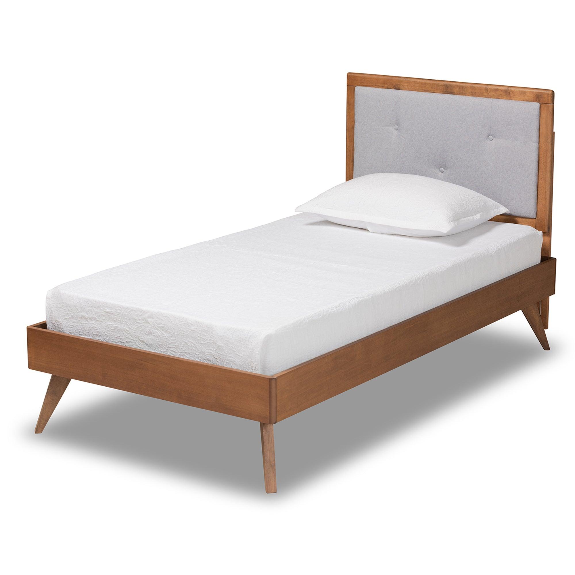 Laima Mid-Century Modern Light Fabric Upholstered and Finished Wood Platform Bed