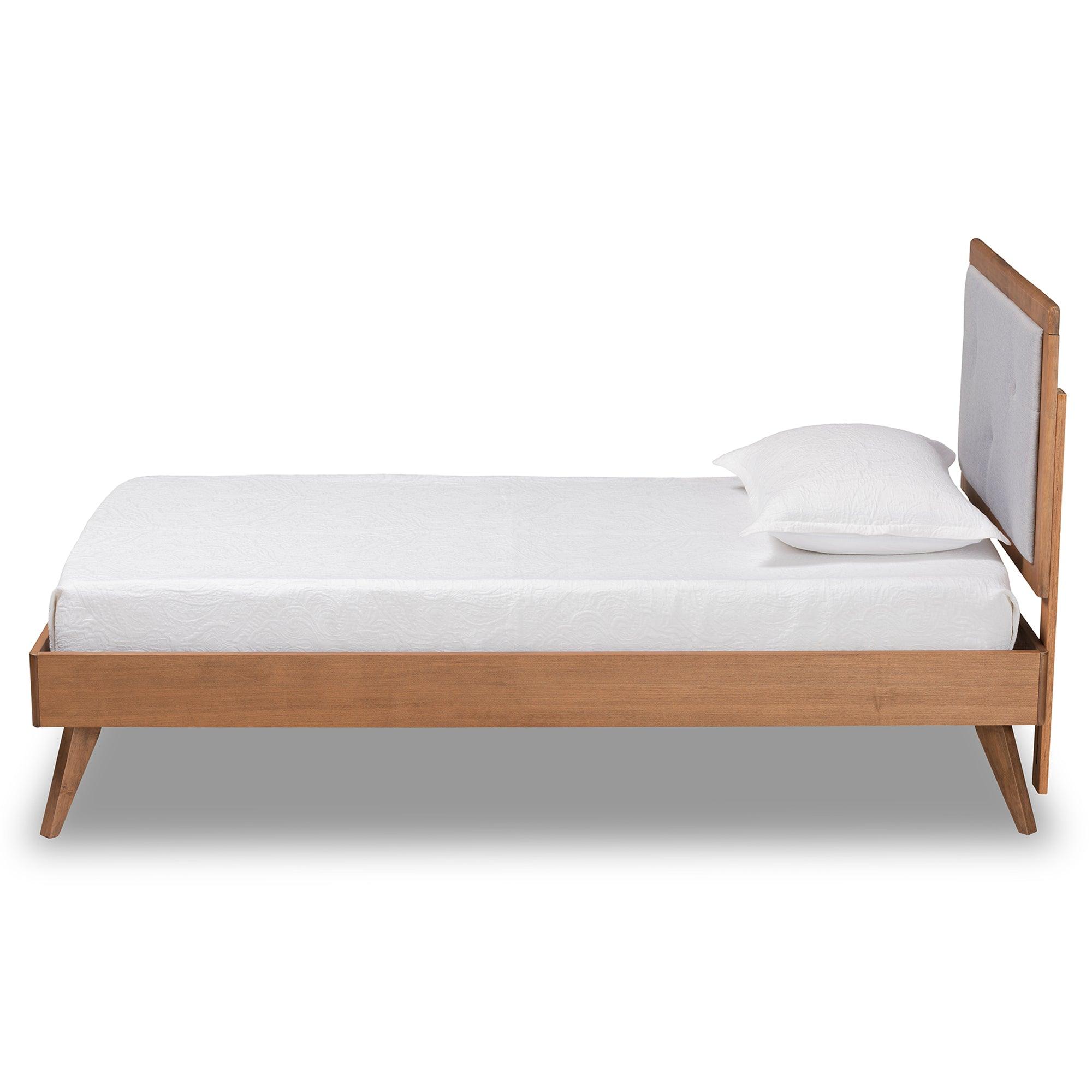 Laima Mid-Century Modern Light Fabric Upholstered and Finished Wood Platform Bed