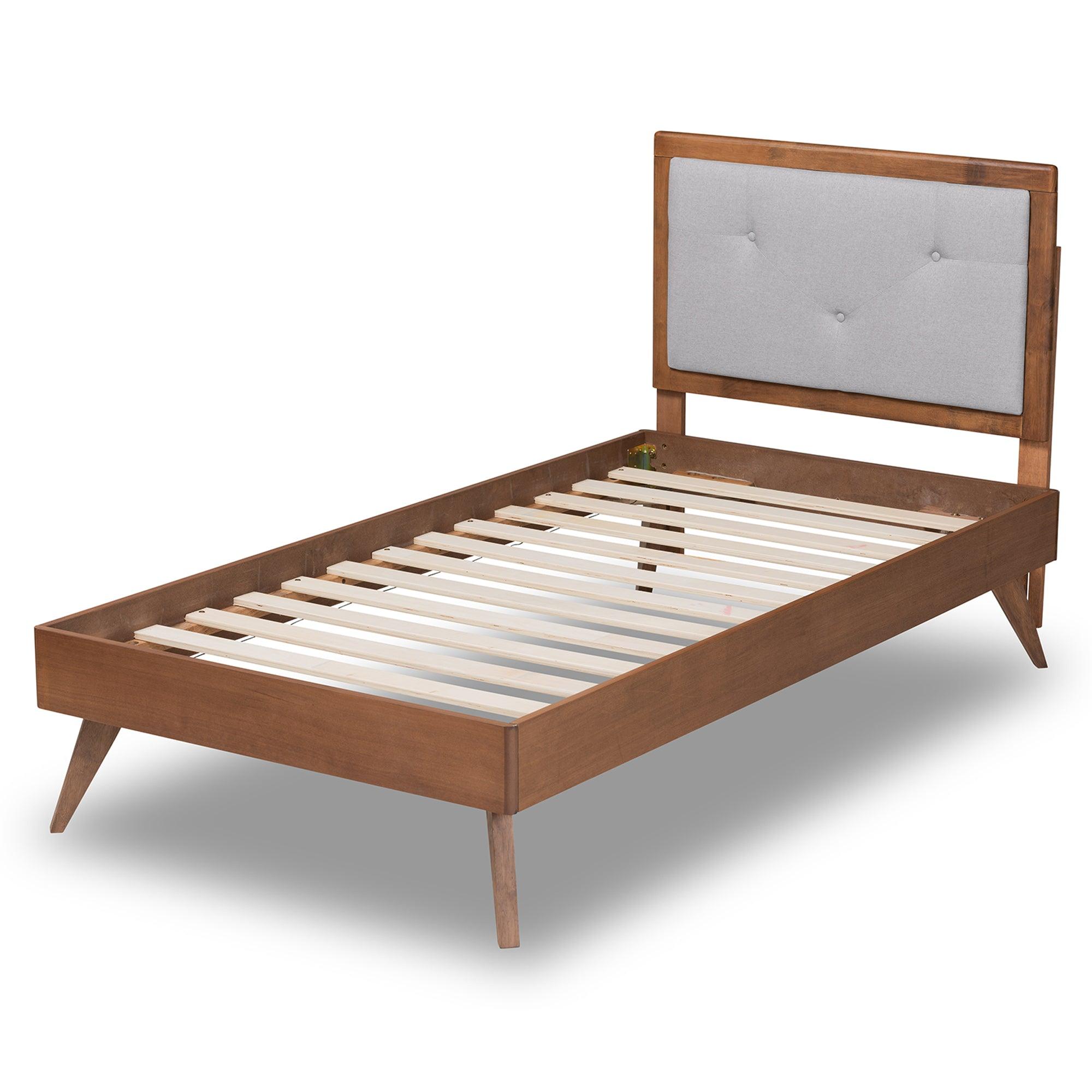 Laima Mid-Century Modern Light Fabric Upholstered and Finished Wood Platform Bed