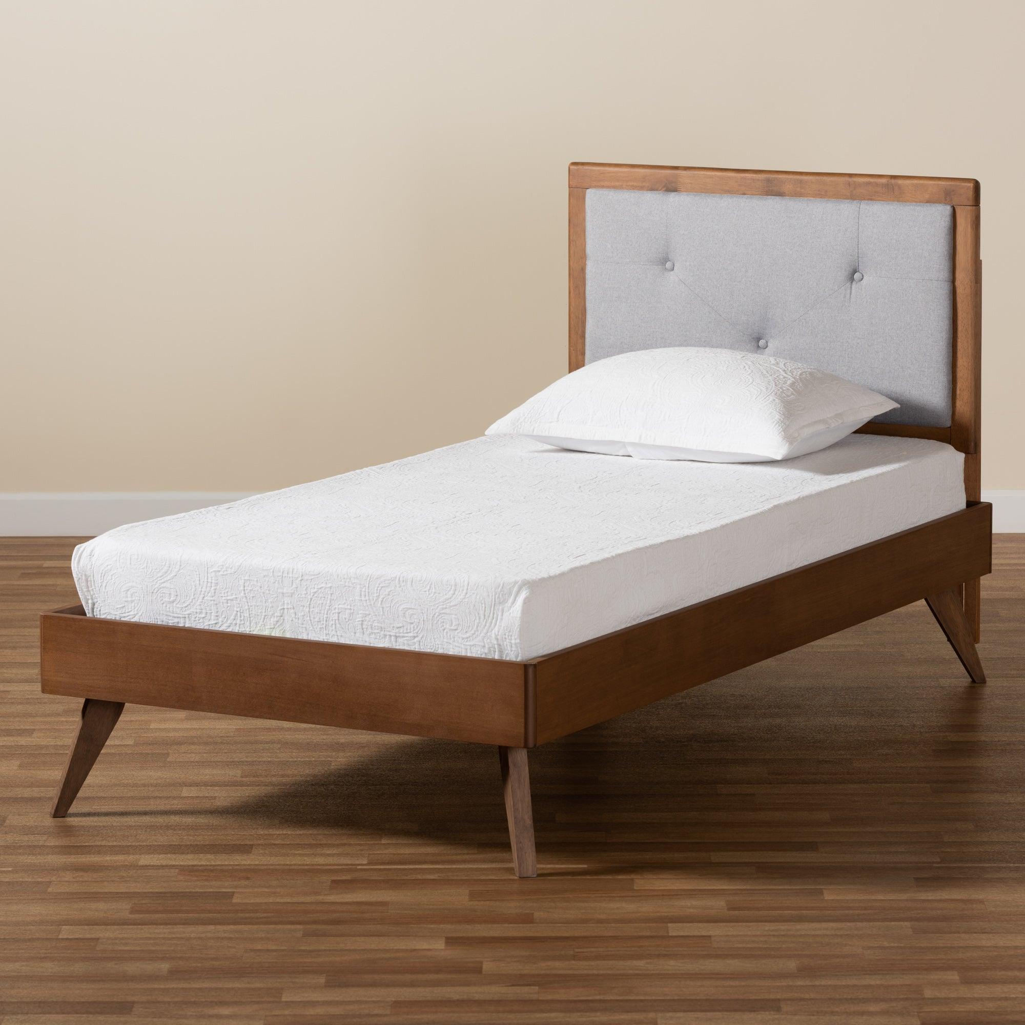 Laima Mid-Century Modern Light Fabric Upholstered and Finished Wood Platform Bed