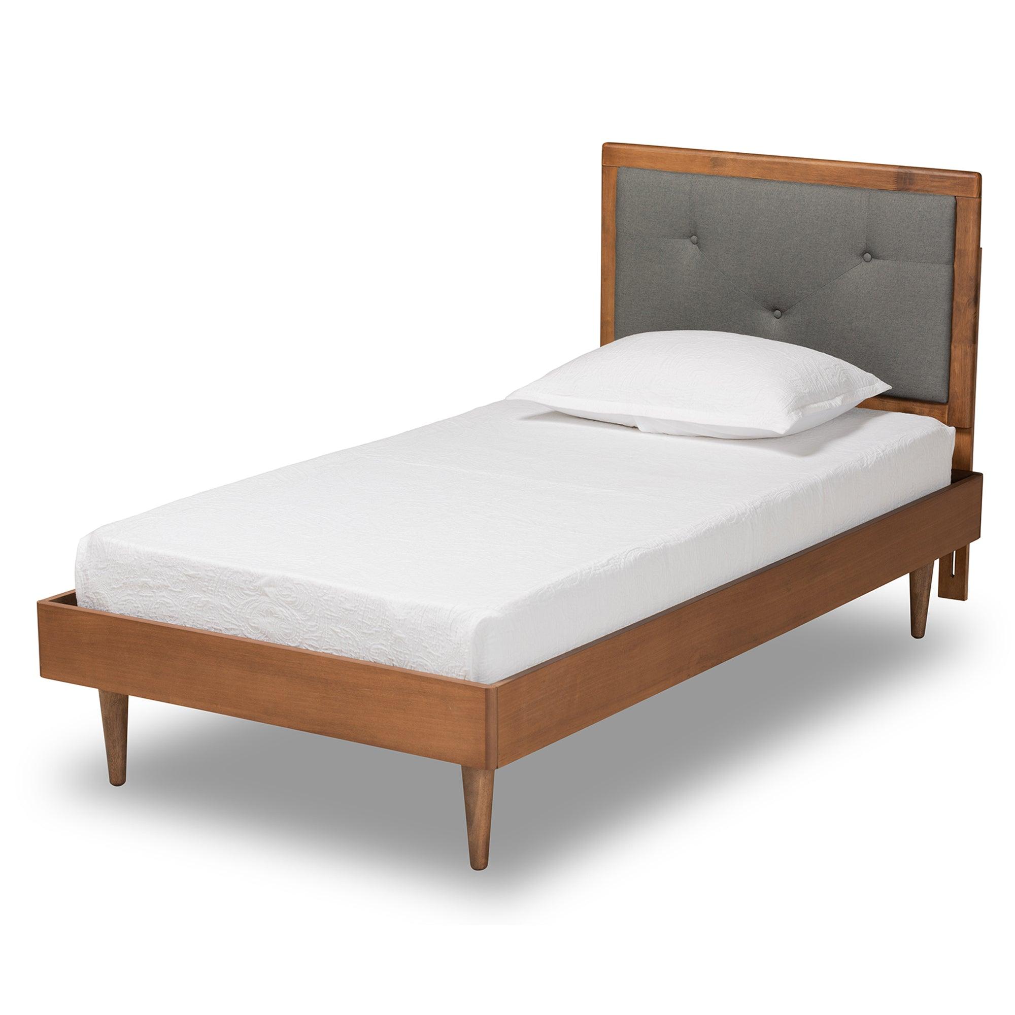 Saul Mid-Century Modern Dark Fabric Upholstered and Finished Wood Platform Bed