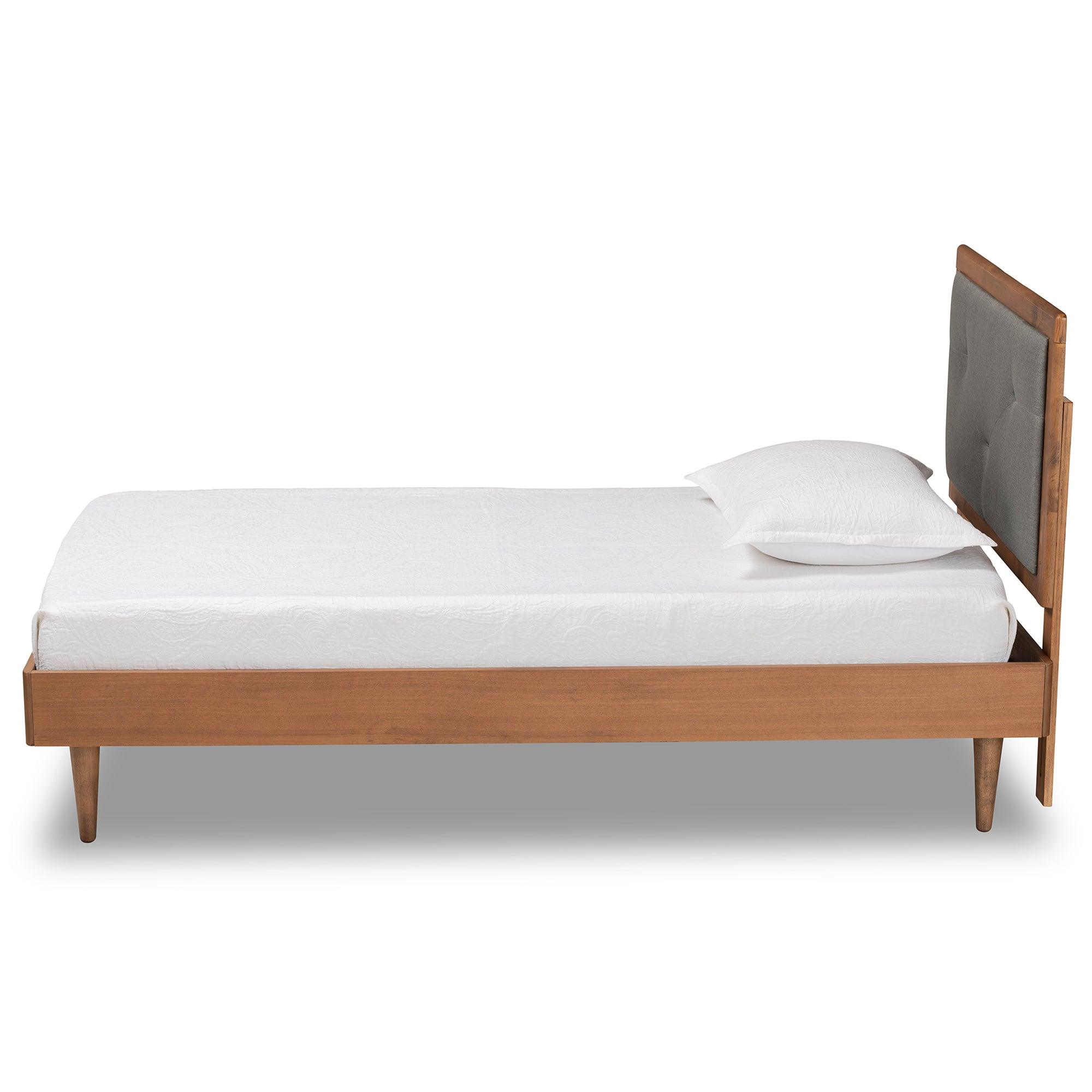 Saul Mid-Century Modern Dark Fabric Upholstered and Finished Wood Platform Bed