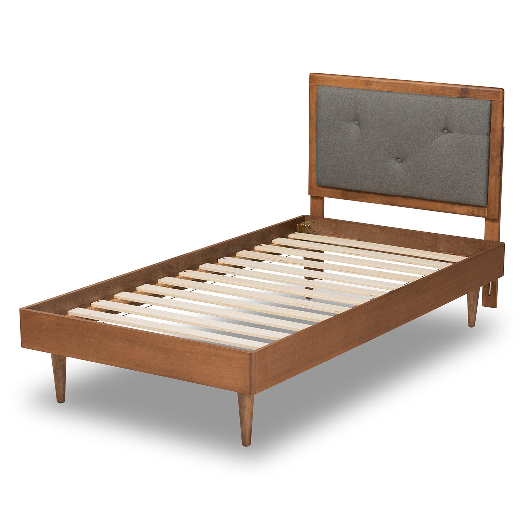 Saul Mid-Century Modern Dark Fabric Upholstered and Finished Wood Platform Bed