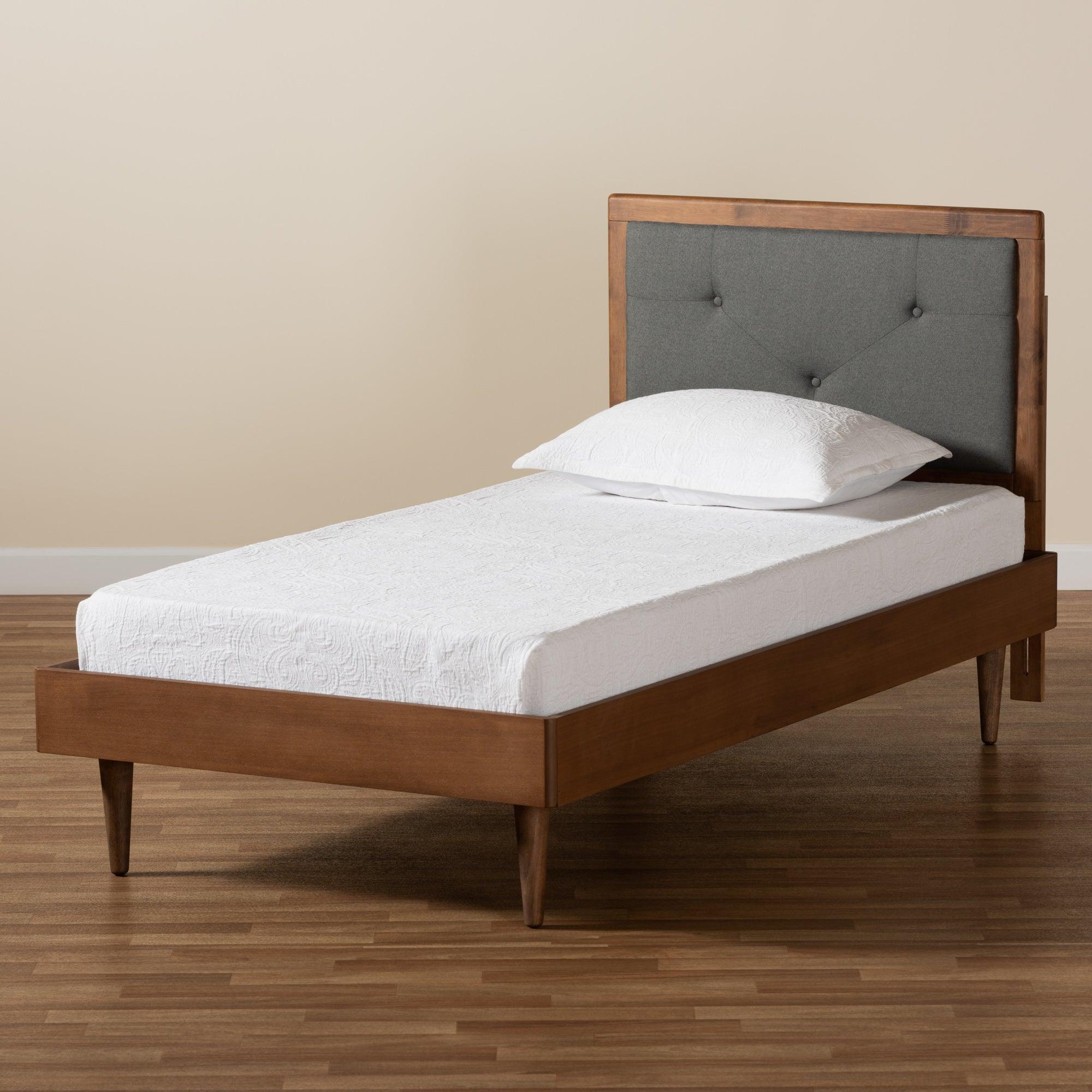 Saul Mid-Century Modern Dark Fabric Upholstered and Finished Wood Platform Bed